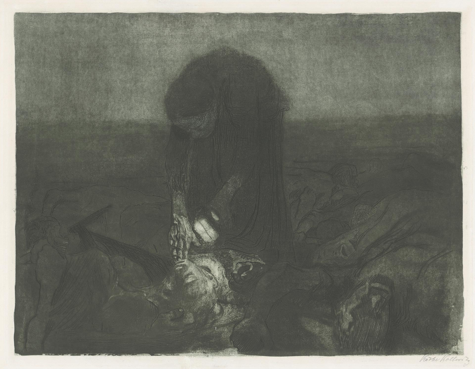 Käthe Kollwitz, Schlachtfeld, Bl. 6 Zyklus »Bauernkrieg«, 1907, Strichätzung, Kaltnadel, Aquatinta, Schmirgel und Vernis mou mit Durchdruck von geripptem Büttenpapier und Zieglerschem Umdruckpapier, Kn 100 X b