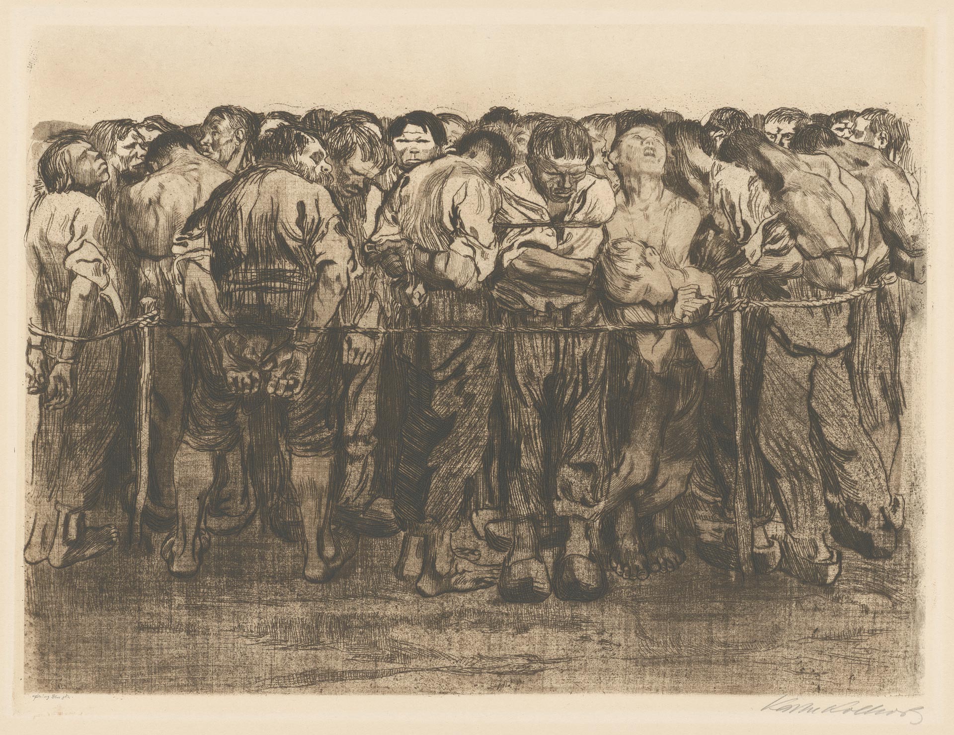 Käthe Kollwitz, Die Gefangenen, Bl. 7 Zyklus »Bauernkrieg«, 1908, Strichätzung, Kaltnadel, Schmirgel und Vernis mou mit Durchdruck von Stoff und Zieglerschem Umdruckpapier, Kn 102 IX a