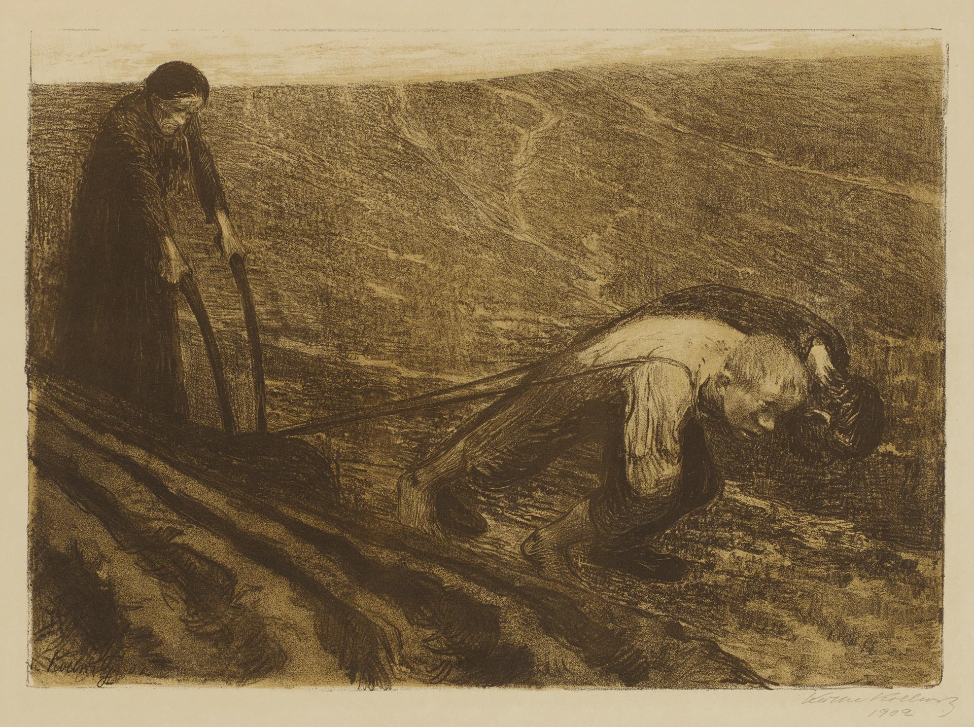 Käthe Kollwitz, Laboureur et sa femme, deuxième version abandonnée de la planche 1 du cycle Guerre des paysans, avant juin 1902, lithographie au crayon et au pinceau, encrages en brun foncé et brun clair avec technique du crachis et grattage sur papier Simili Japon, Kn 64 II b, Collection Kollwitz de Cologne © Käthe Kollwitz Museum Köln 