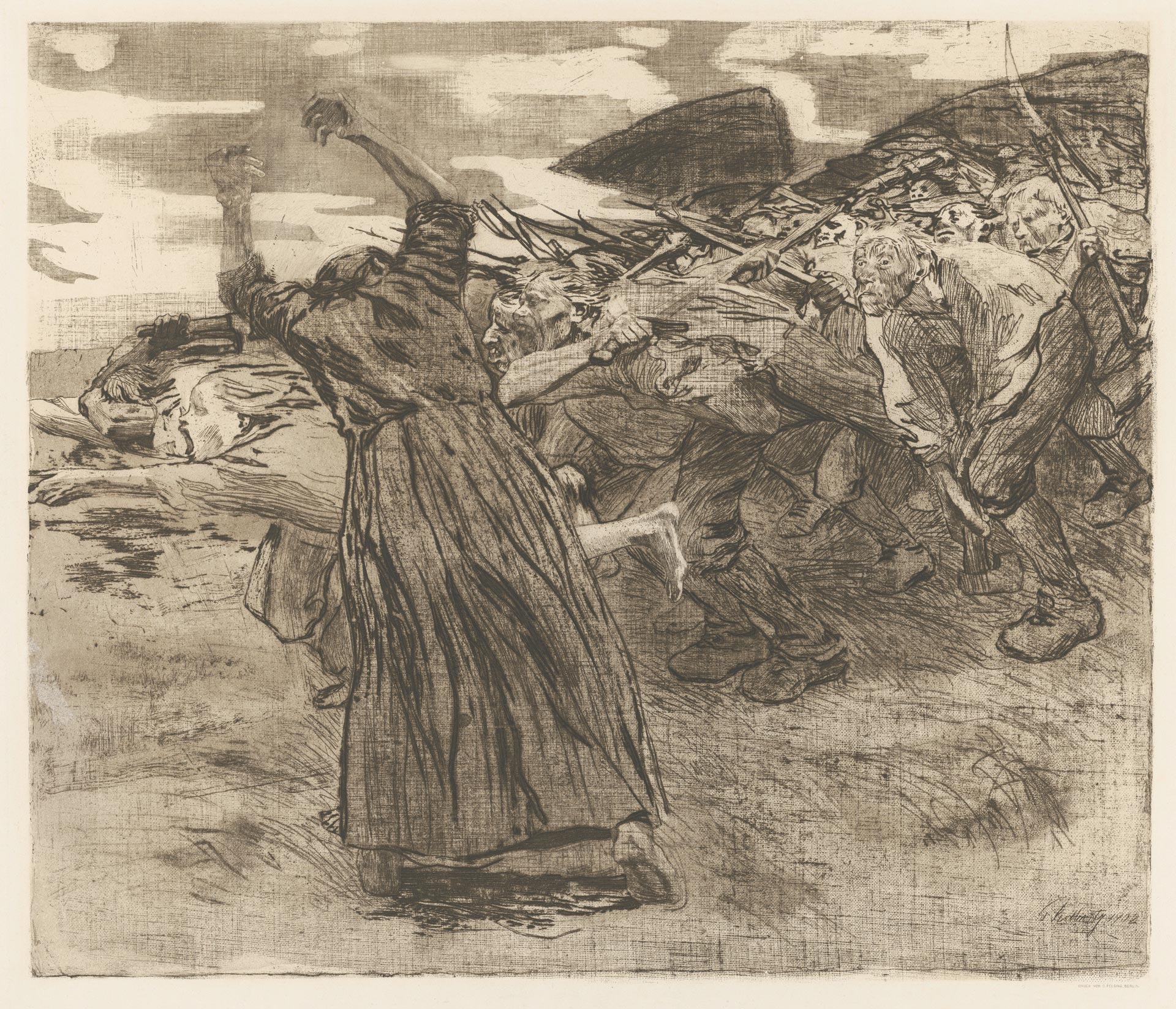 Käthe Kollwitz, Assaut, planche 5 du cycle »Guerre des paysans«, 1902/03, eau-forte, pointe sèche, réserve au sucre, et vernis mou avec impression de textile et de papier report de Ziegler, Kn 70 VIII b, Collection Kollwitz de Cologne © Käthe Kollwitz Museum Köln