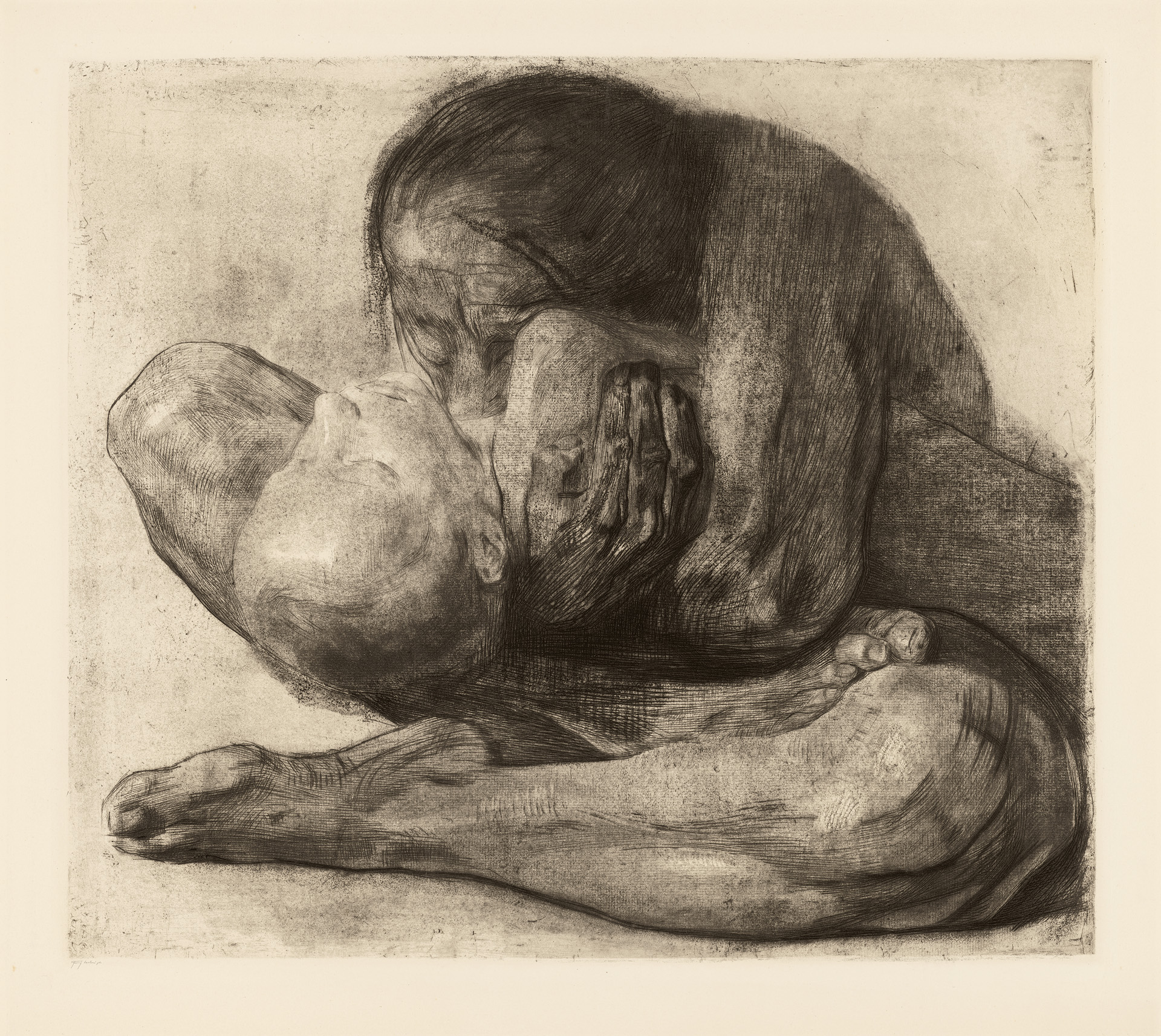 Käthe Kollwitz, Frau mit totem Kind, 1903, Strichätzung, Kaltnadel, Schmirgel und Vernis mou mit Durchdruck von geripptem Büttenpapier und Zieglerschem Umdruckpapier, Kn 81 VIII a