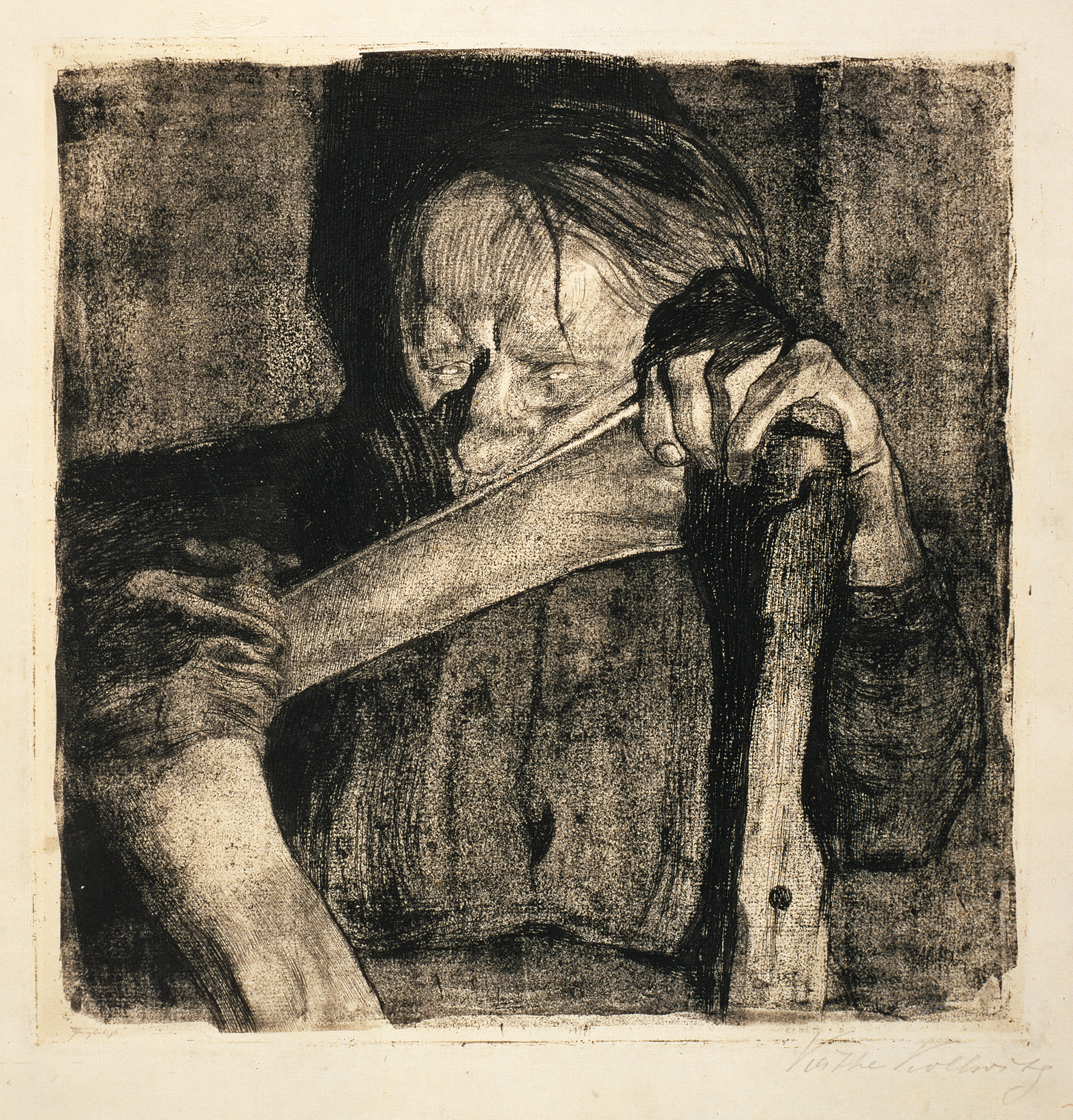 Käthe Kollwitz, Beim Dengeln, fünfter Zustand von Bl. 3 des Zyklus »Bauernkrieg«, 1905 Strichätzung, Kaltnadel, Schmirgel, Aquatinta, Nadelarbeiten und Vernis mou mit Durchdruck von Büttenpapier und Zieglerschem Umdruckpapier, Kn 88 V