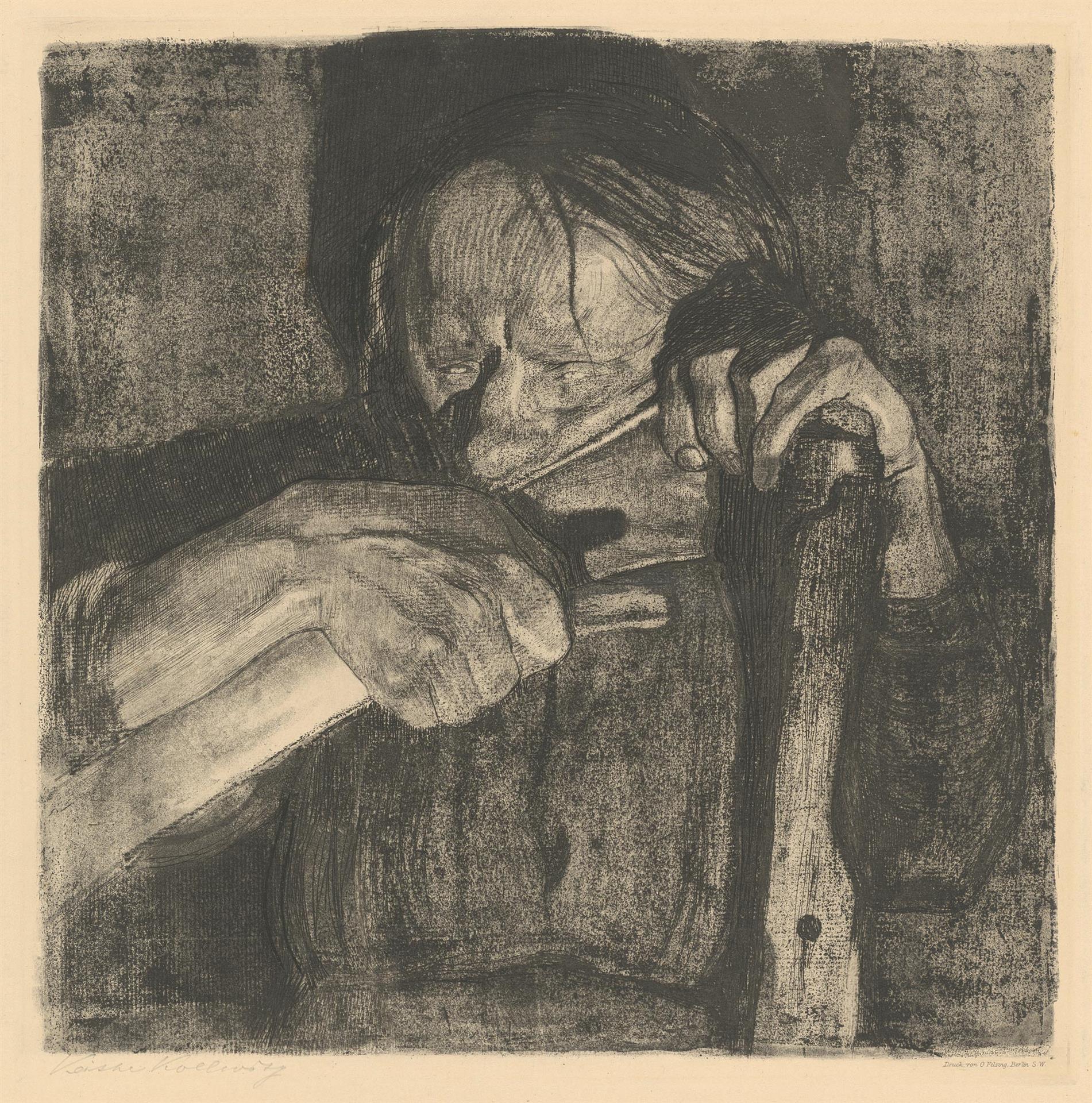 Käthe Kollwitz, Battant la faux, planche 3 du cycle »Guerre des paysans«, 1908, eau-forte, pointe sèche, émeri, réserve au sucre, et vernis mou avec impression de papier vergé et de papier report de Ziegler, Kn 88 VIII a, Collection Kollwitz de Cologne © Käthe Kollwitz Museum Köln