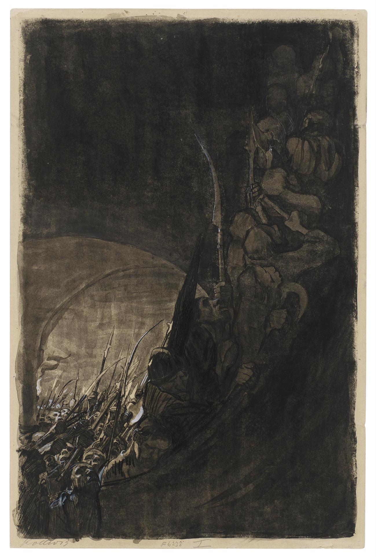Käthe Kollwitz, Arming in a Vault, first proof of sheet 4 for the »Peasants War« cycle, 1906, bicolour etching, line etching, drypoint, aquatint and soft ground with imprint of Ziegler's transfer paper, edited by hand in black ink and Titanium white, Kn 96 I, Cologne Kollwitz Collection © Käthe Kollwitz Museum Köln