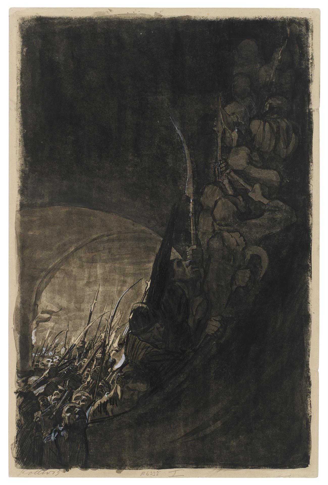 Käthe Kollwitz, Armement sous une voûte, premier état de la planche 4 du cycle »Guerre des paysans«, 1906, eau-forte bicolore, pointe sèche, aquatinte et vernis mou avec impression de papier report de Ziegler, correction à la main à l’encre noire et blanc, Kn 96 I, Collection Kollwitz de Cologne © Käthe Kollwitz Museum Köln