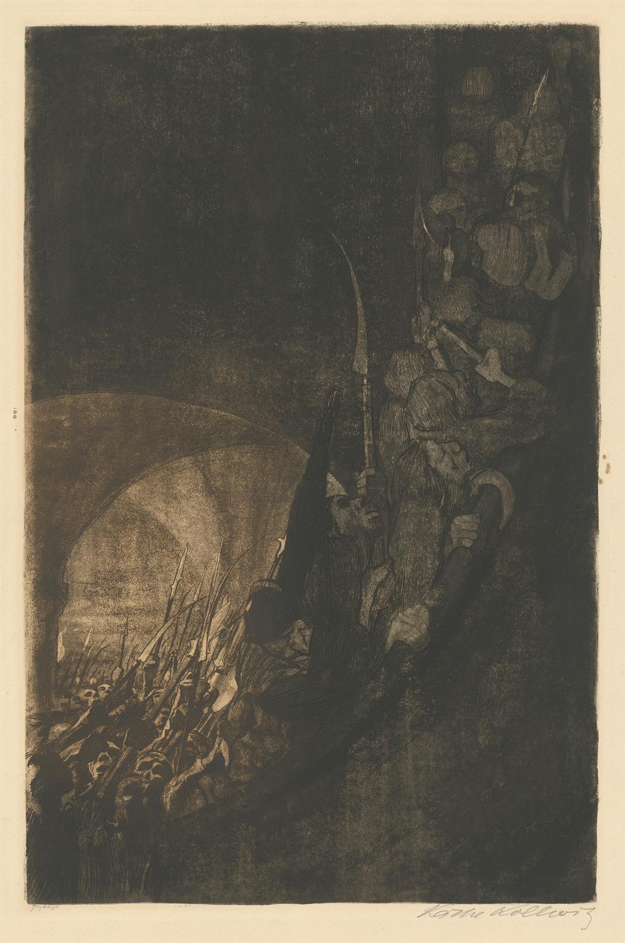 Käthe Kollwitz, Armement sous une voûte, planche 4 du cycle »Guerre des paysans«, 1906, eau-forte bicolore avec pointe sèche, aquatinte et vernis mou avec impression de papier report de Ziegler, Kn 96 VI, Collection Kollwitz de Cologne © Käthe Kollwitz Museum Köln