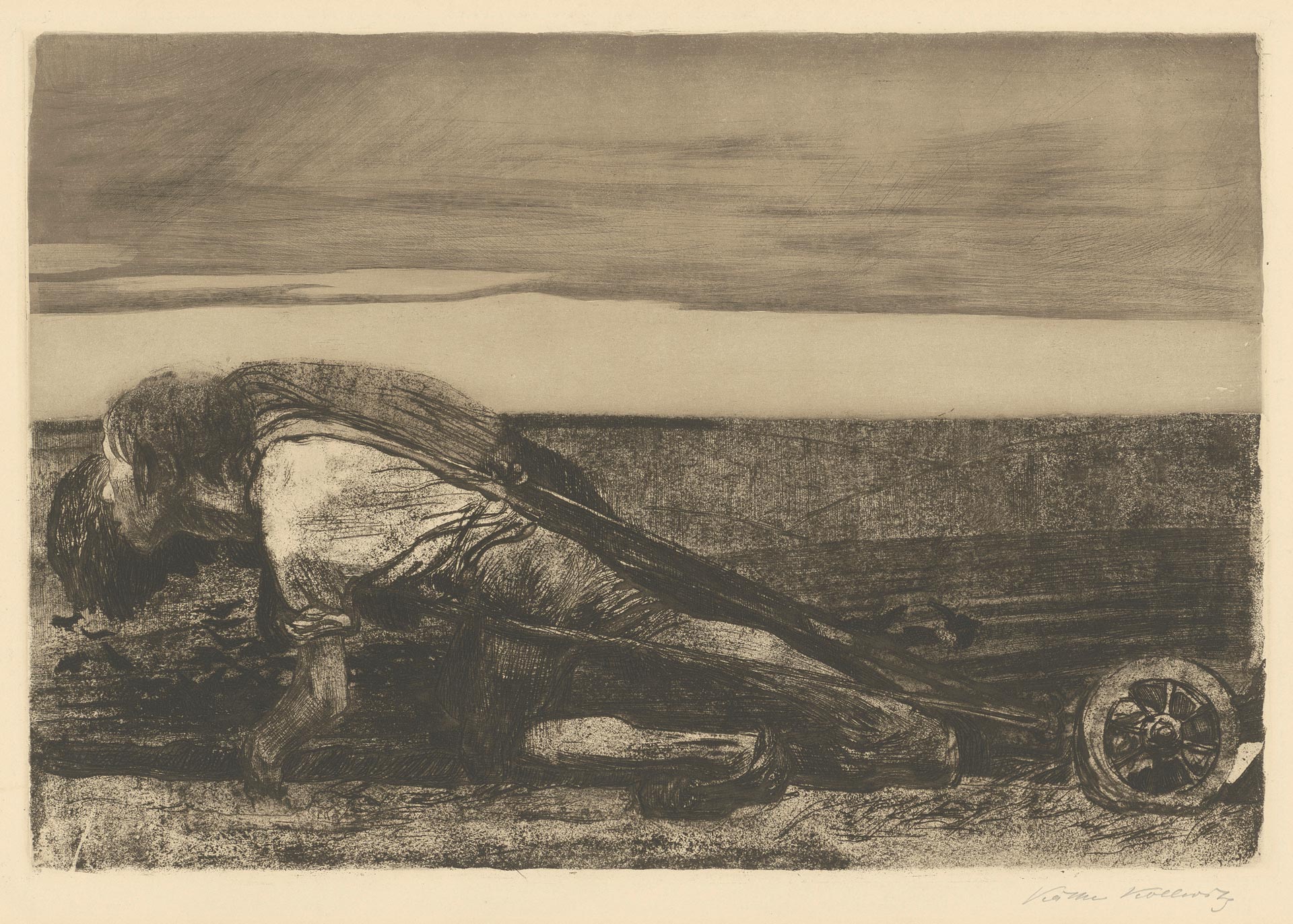 Käthe Kollwitz, Les Laboureurs, planche 1 du cycle »Guerre des paysans«, 1907, eau-forte, pointe sèche, aquatinte, réserve au sucre, émeri et faisceau d'épingles sur vernis mou avec impression de papier report de Ziegler, Kn 99 VIII b, Collection Kollwitz de Cologne © Käthe Kollwitz Museum Köln