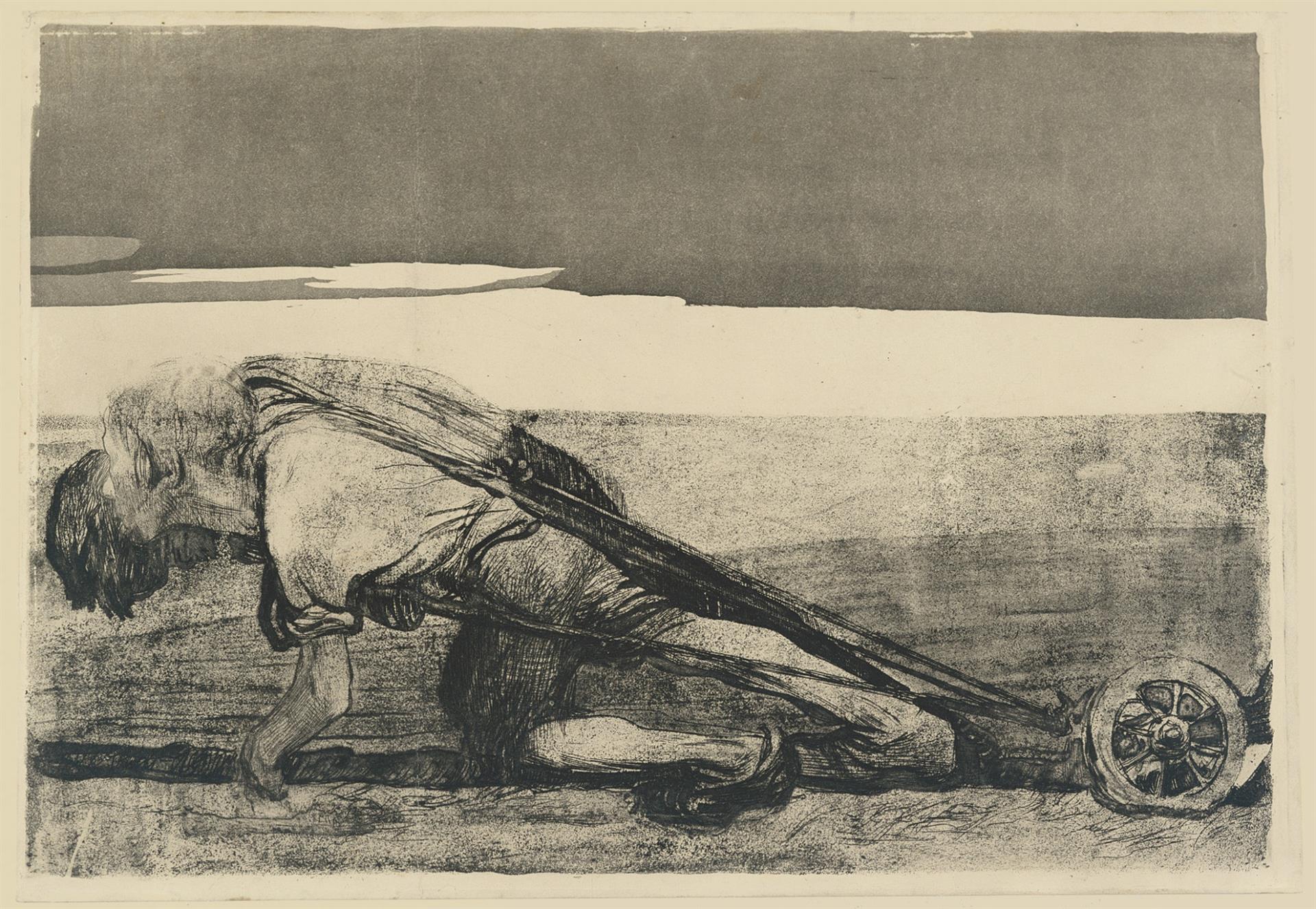 Käthe Kollwitz, Die Pflüger, vierter Zustand von Bl. 1 des Zyklus »Bauernkrieg«, vor Mitte Januar 1907, Strichätzung, Kaltnadel, Aquatinta, Reservage, Schmirgel und Vernis mou mit Durchdruck von Zieglerschem Umdruckpapier, Kn 99 IV 