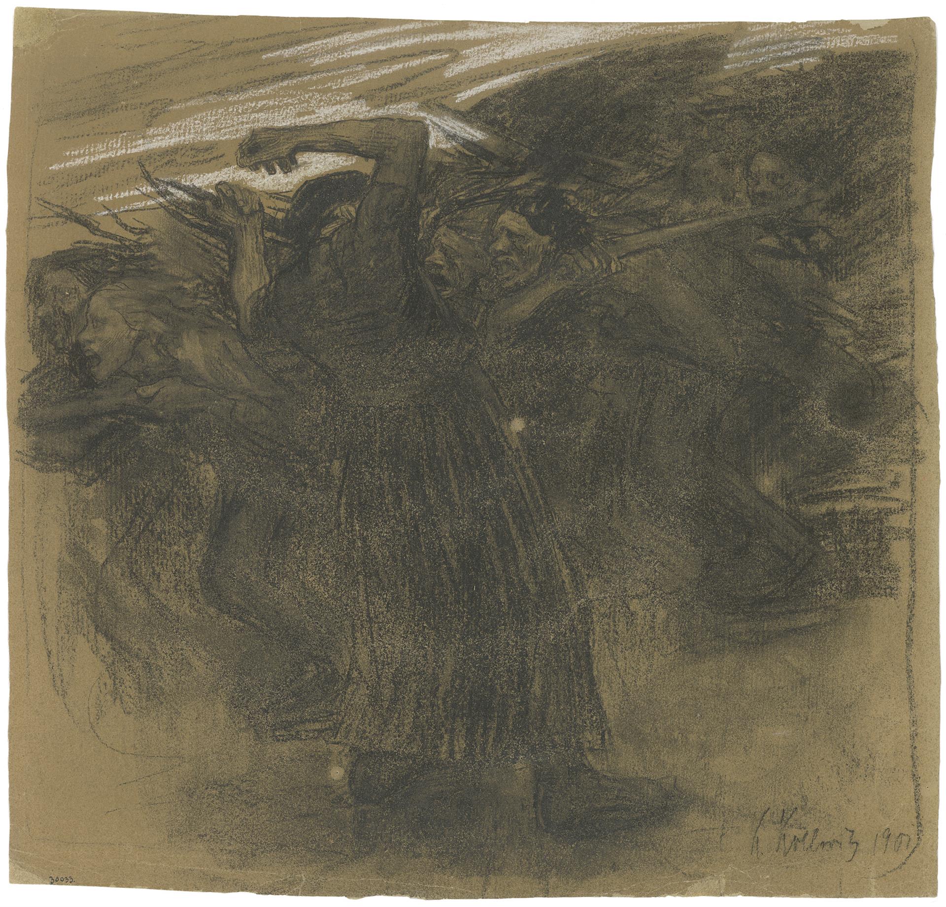 Käthe Kollwitz, Assaut, 1901, pierre noire, rehauts de blanc, NT 187, Collection Kollwitz de Cologne © Käthe Kollwitz Museum Köln