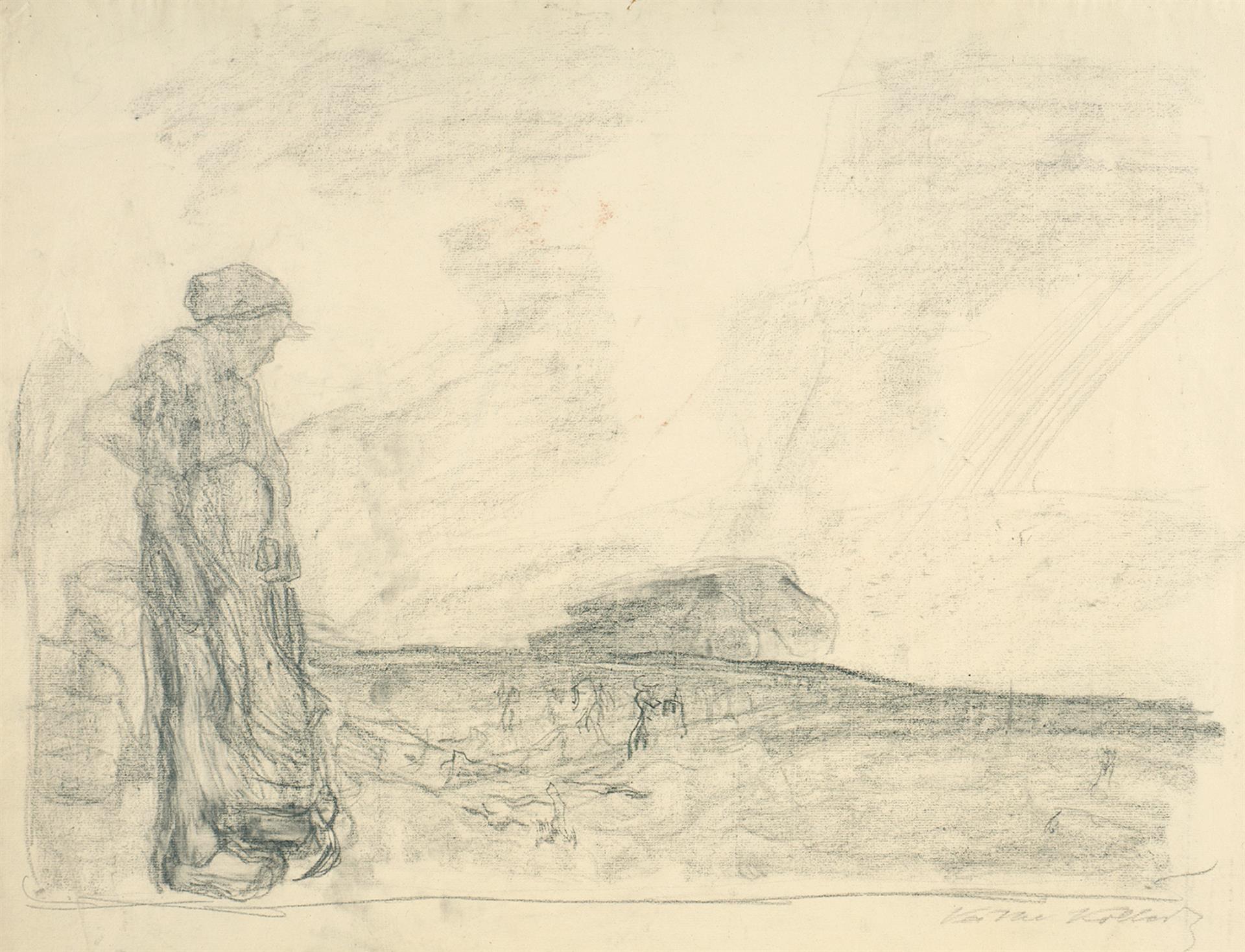 Käthe Kollwitz, Ploughmen with Woman standing in the Foreground, c 1904, pencil and charcoal, NT 207, Cologne Kollwitz Collection © Käthe Kollwitz Museum Köln