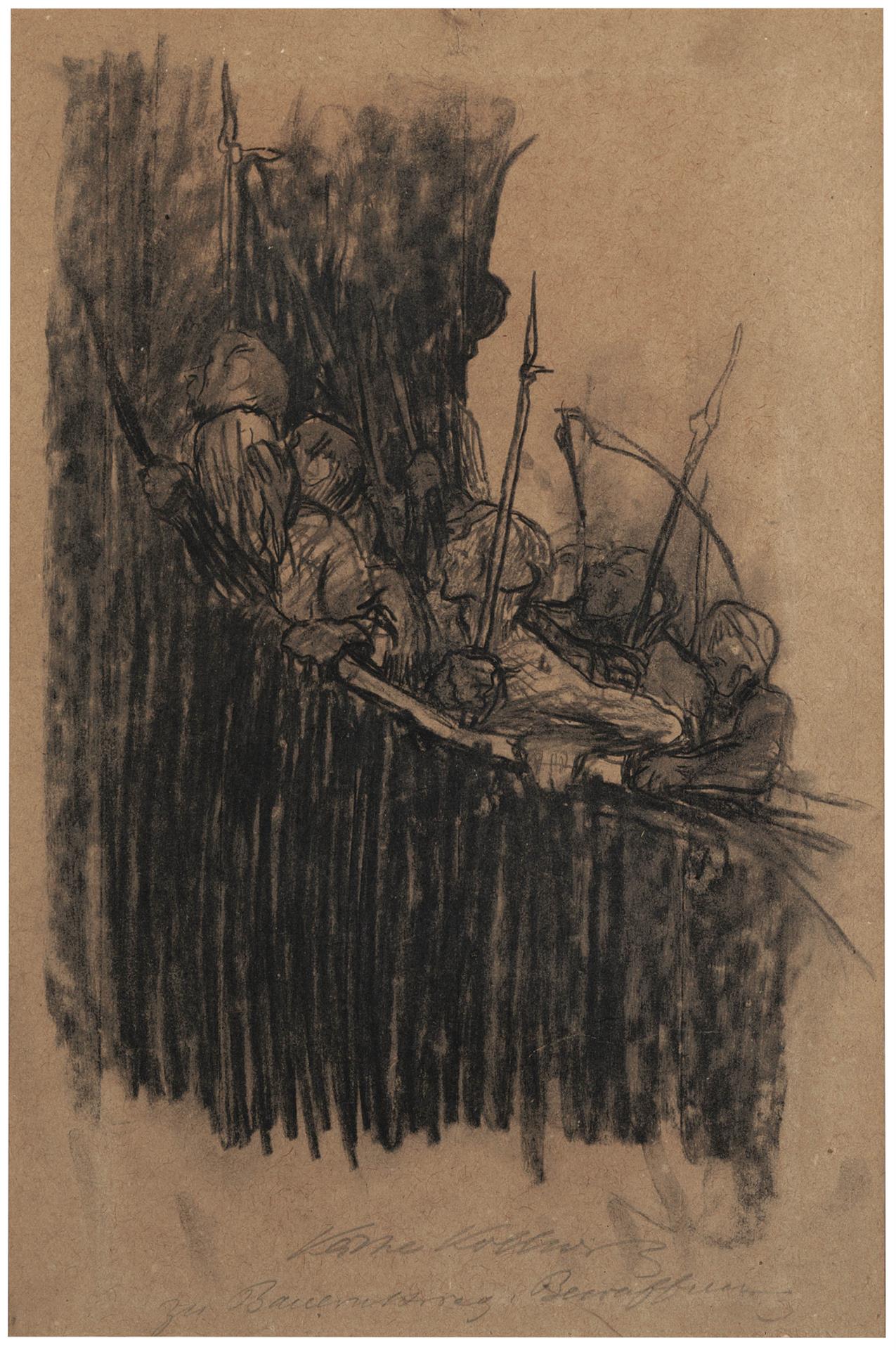 Käthe Kollwitz, Arming in a Vault, c 1906, chalk on thick, textured, light-brown paper, NT (215a), Cologne Kollwitz Collection © Käthe Kollwitz Museum Köln