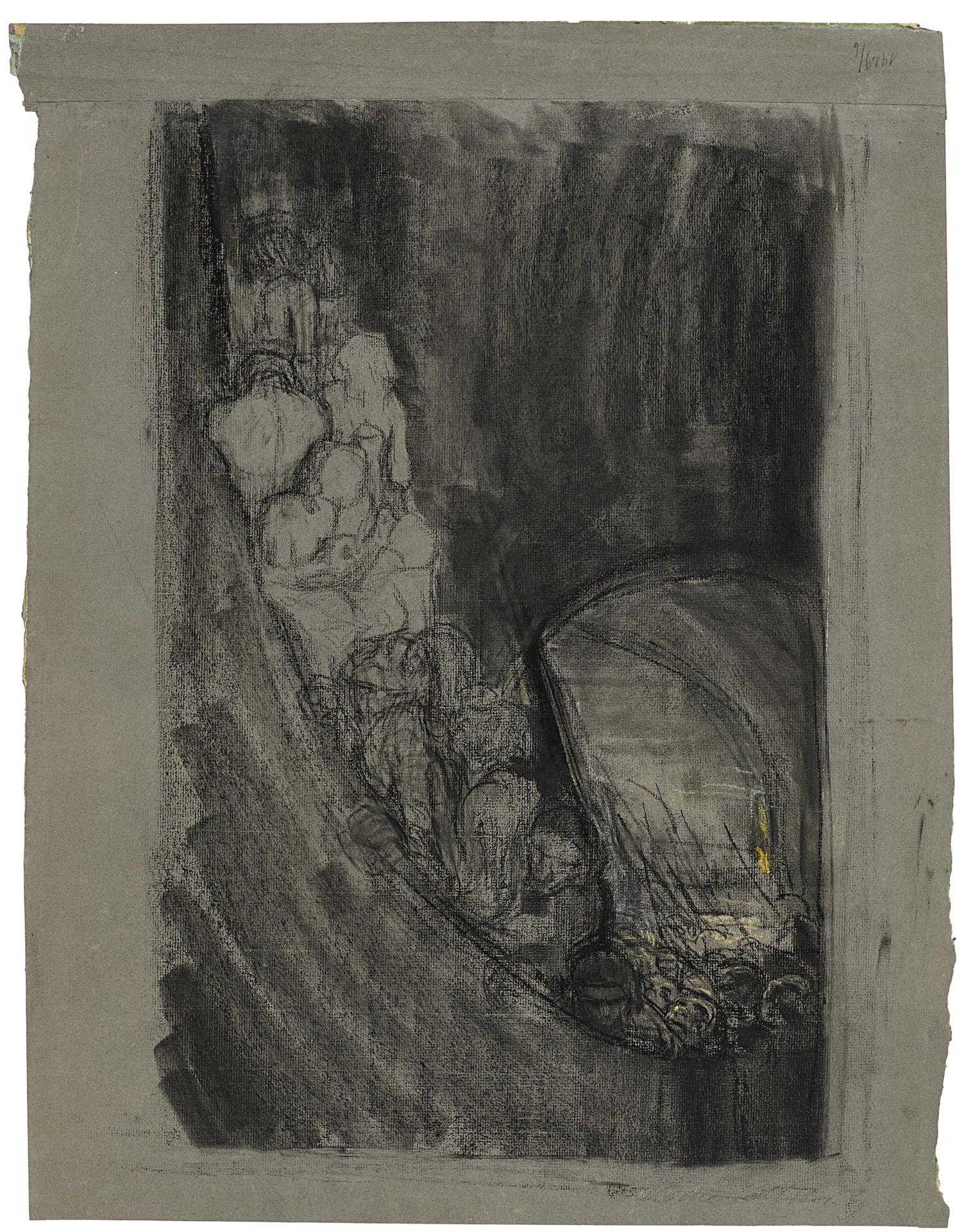 Käthe Kollwitz, Armement sous une voûte, vers 1906, fusain, estompe et craie jaune sur papier Ingres gris-vert foncé, NT 216, Collection Kollwitz de Cologne © Käthe Kollwitz Museum Köln