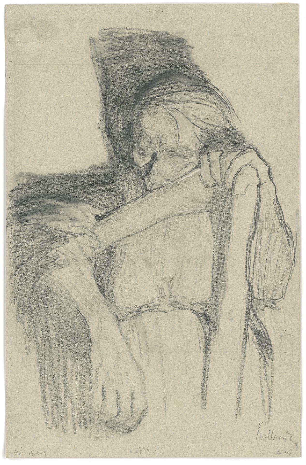 Käthe Kollwitz, Beim Dengeln, um 1905, schwarze und weiße Kreide und Bleistift, NT (396a)