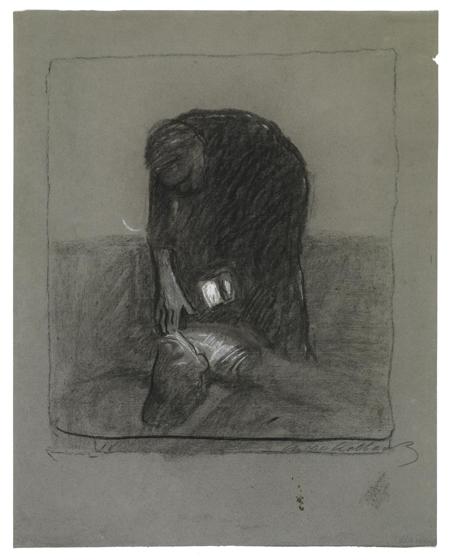 Käthe Kollwitz, Schlachtfeld, um 1907, schwarze Kohle, in weißer Kreide gehöht, auf graugrünem Bütten, NT (411a)