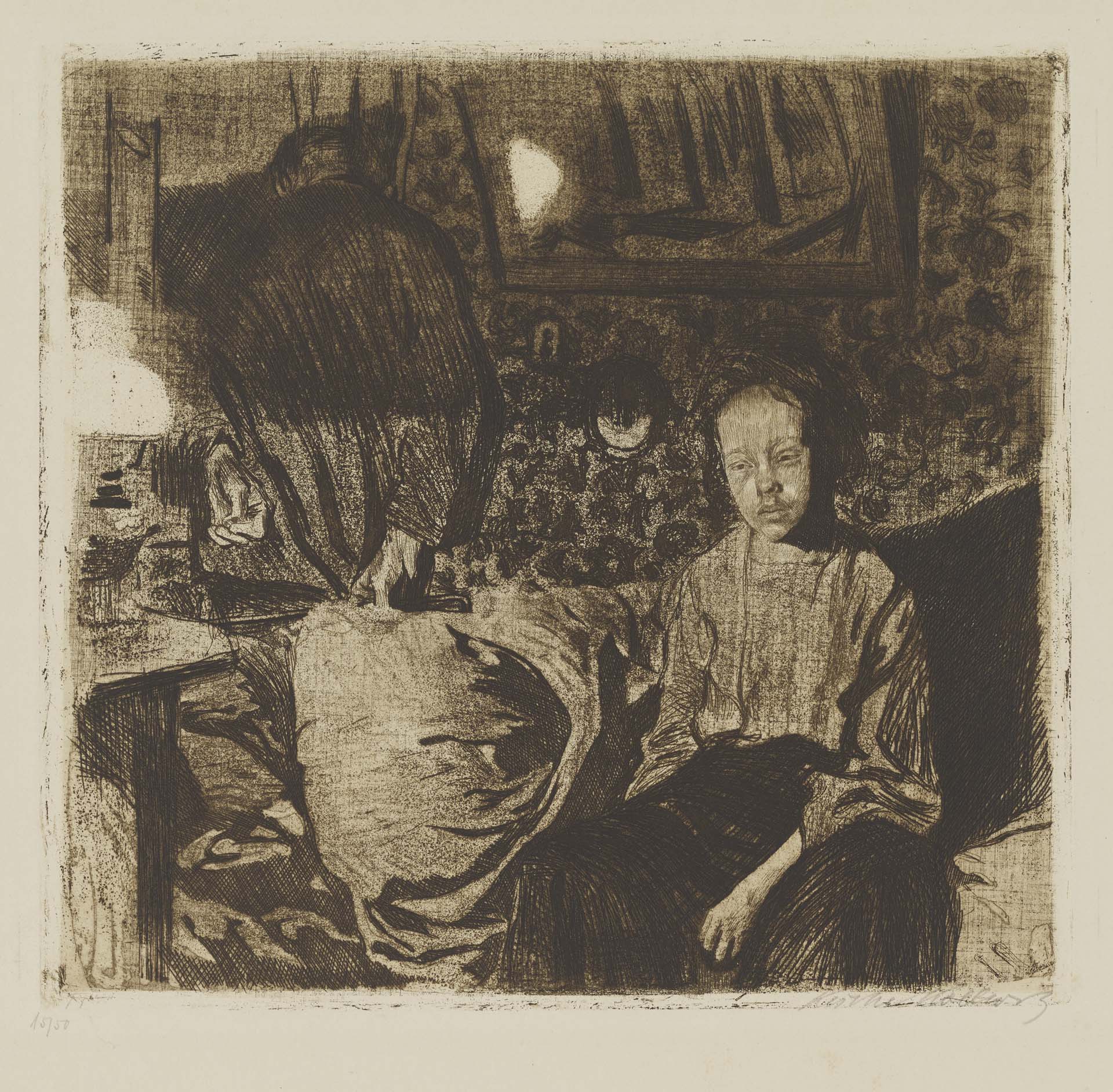 Käthe Kollwitz, Jeune couple, 1904 ?, eau-forte, émeri, réserve au sucre et vernis mou avec impression de textile, Kn 83 III c, Collection Kollwitz de Cologne © Käthe Kollwitz Museum Köln