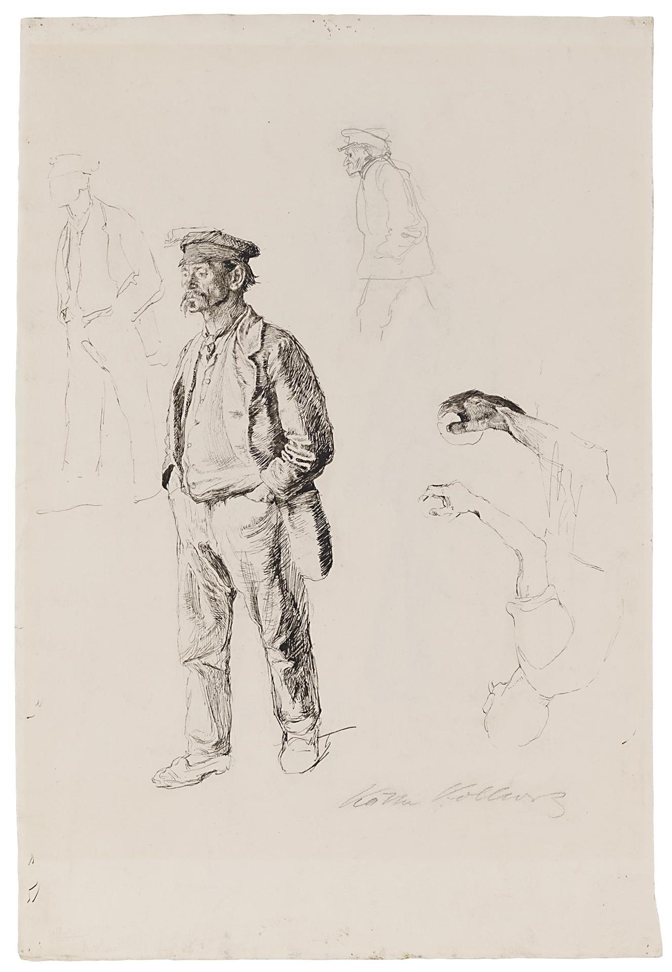 Käthe Kollwitz, study sheet with a full-figure portrait of a man standing, 1896, pen and ink, pencil, on firm vellum paper, NT 128, Cologne Kollwitz Collection © Käthe Kollwitz Museum Köln