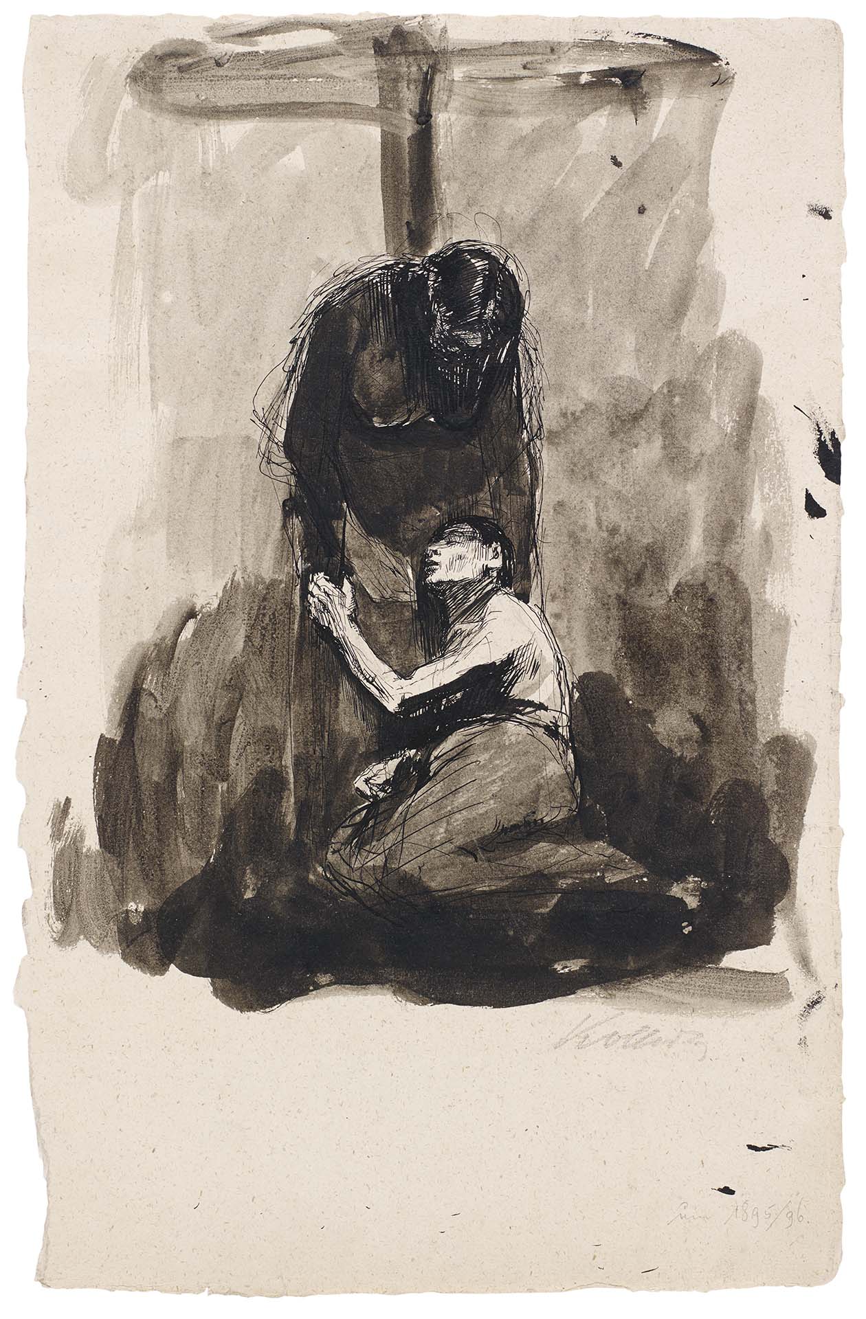 Käthe Kollwitz, Frauenschicksal (Martyrium der Frau), um 1889, Lavierte Tuschefeder und Pinselzeichnung auf Bütten, NT (17a)