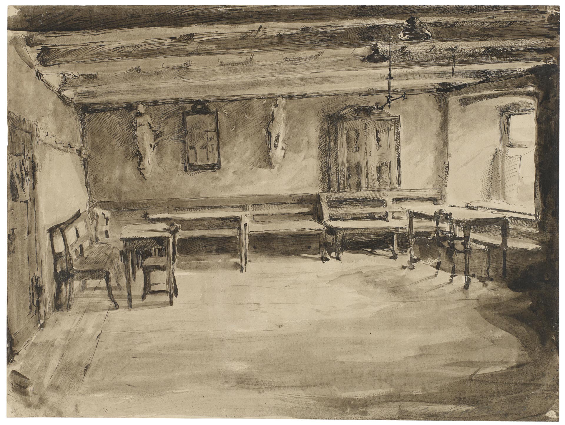 Käthe Kollwitz, Pub à Königsberg, 1893, Plume et encre noire, pinceau et encre grise et lavis sur carton à dessin, NT (52a), Collection Kollwitz de Cologne © Käthe Kollwitz Museum Köln