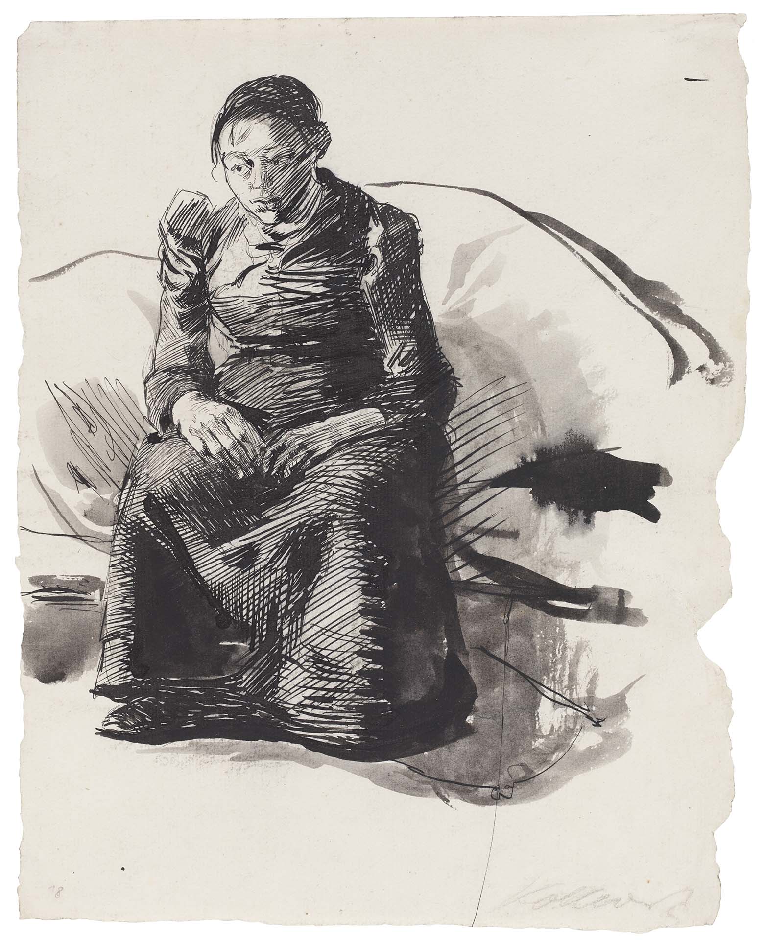 Käthe Kollwitz, Self-portrait, full length, seated, 1893, pen and ink, washed, NT 87, Cologne Kollwitz Collection © Käthe Kollwitz Museum Köln