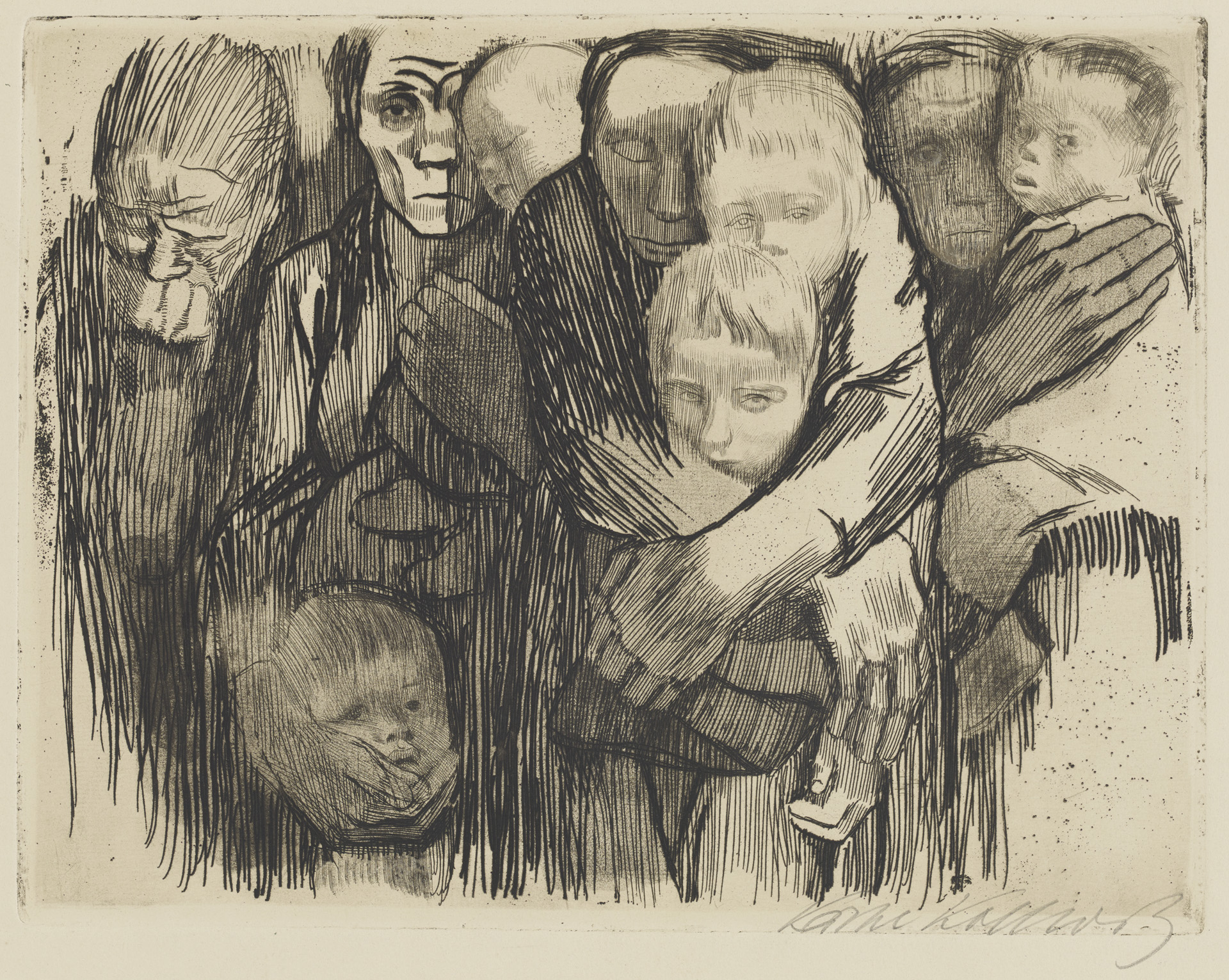 Käthe Kollwitz, Mères, première version abandonnée de la planche 6 de la série »Guerre«, 1918, eau-forte, émeri et vernis mou avec impression de papier vergé et faisceau d'épingles, Kn 137 II, Collection Kollwitz de Cologne © Käthe Kollwitz Museum Köln