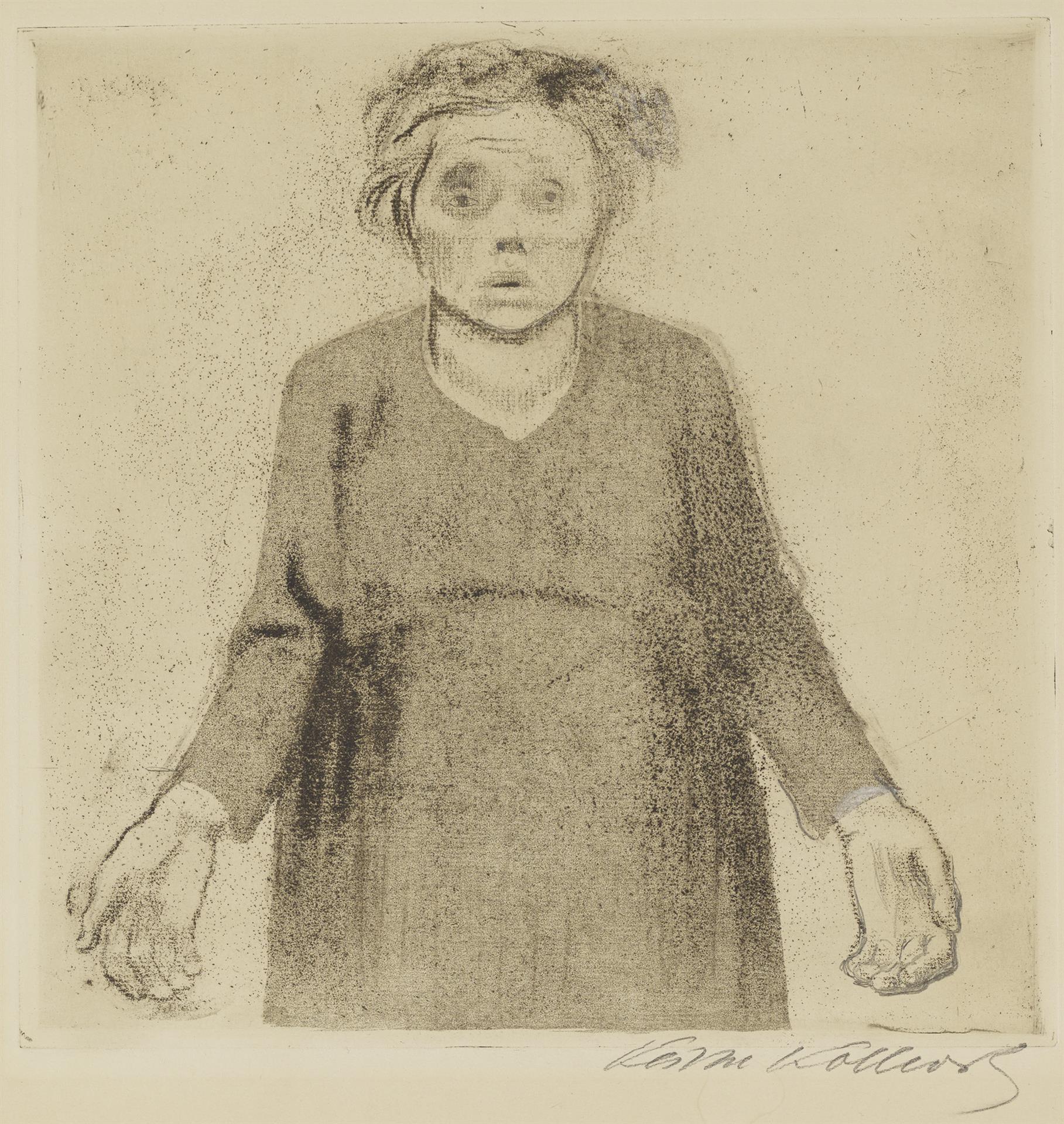 Käthe Kollwitz, Die Witwe, 1918, Strichätzung, Schmirgel und Vernis mou mit Durchdruck von geripptem Bütten, Kn 138 I