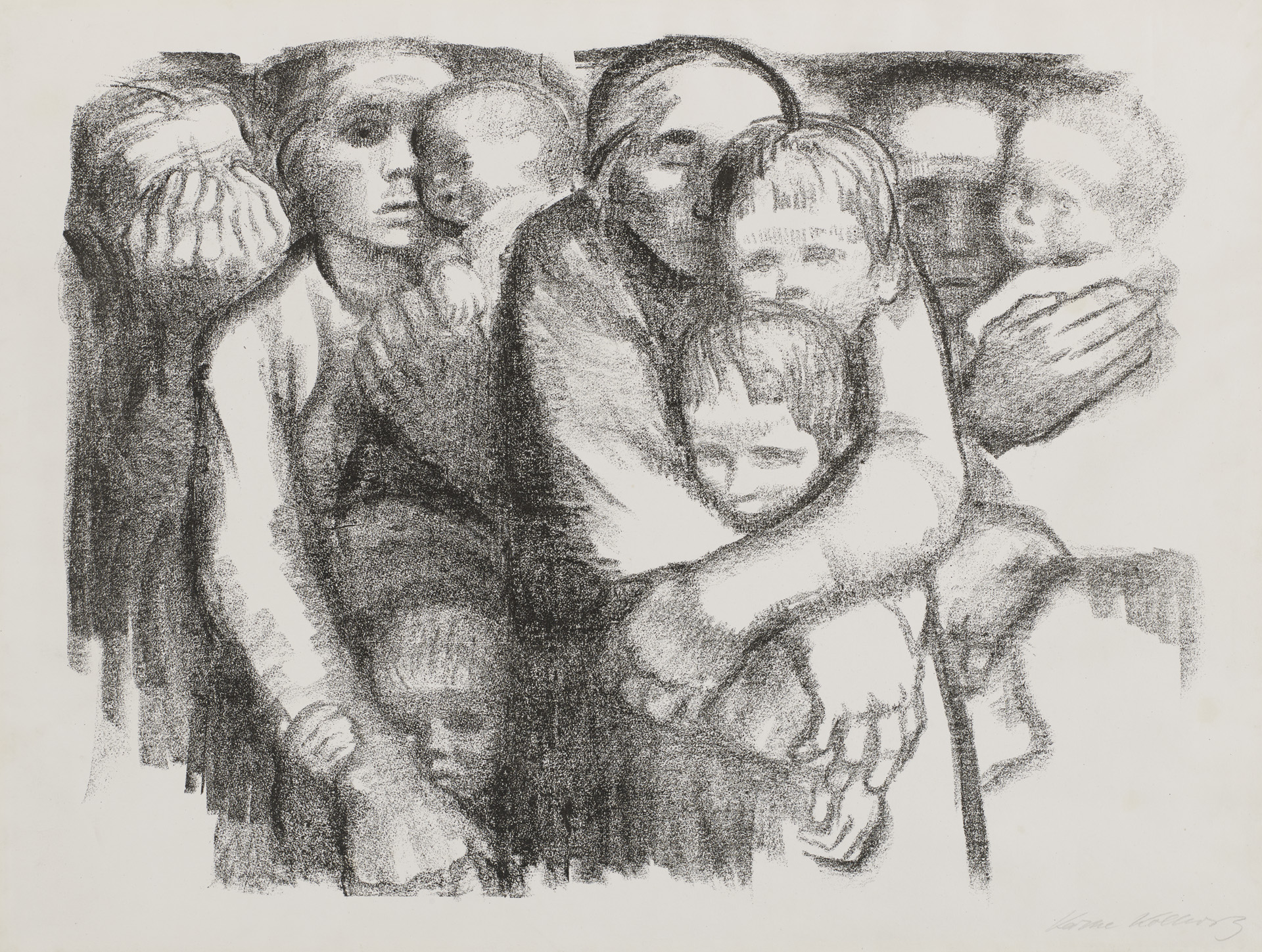 Käthe Kollwitz, Mères, deuxième version abandonnée de la planche 6 de la série »Guerre«, 1919, lithographie au crayon (report), Kn 140 I c, Collection Kollwitz de Cologne © Käthe Kollwitz Museum Köln