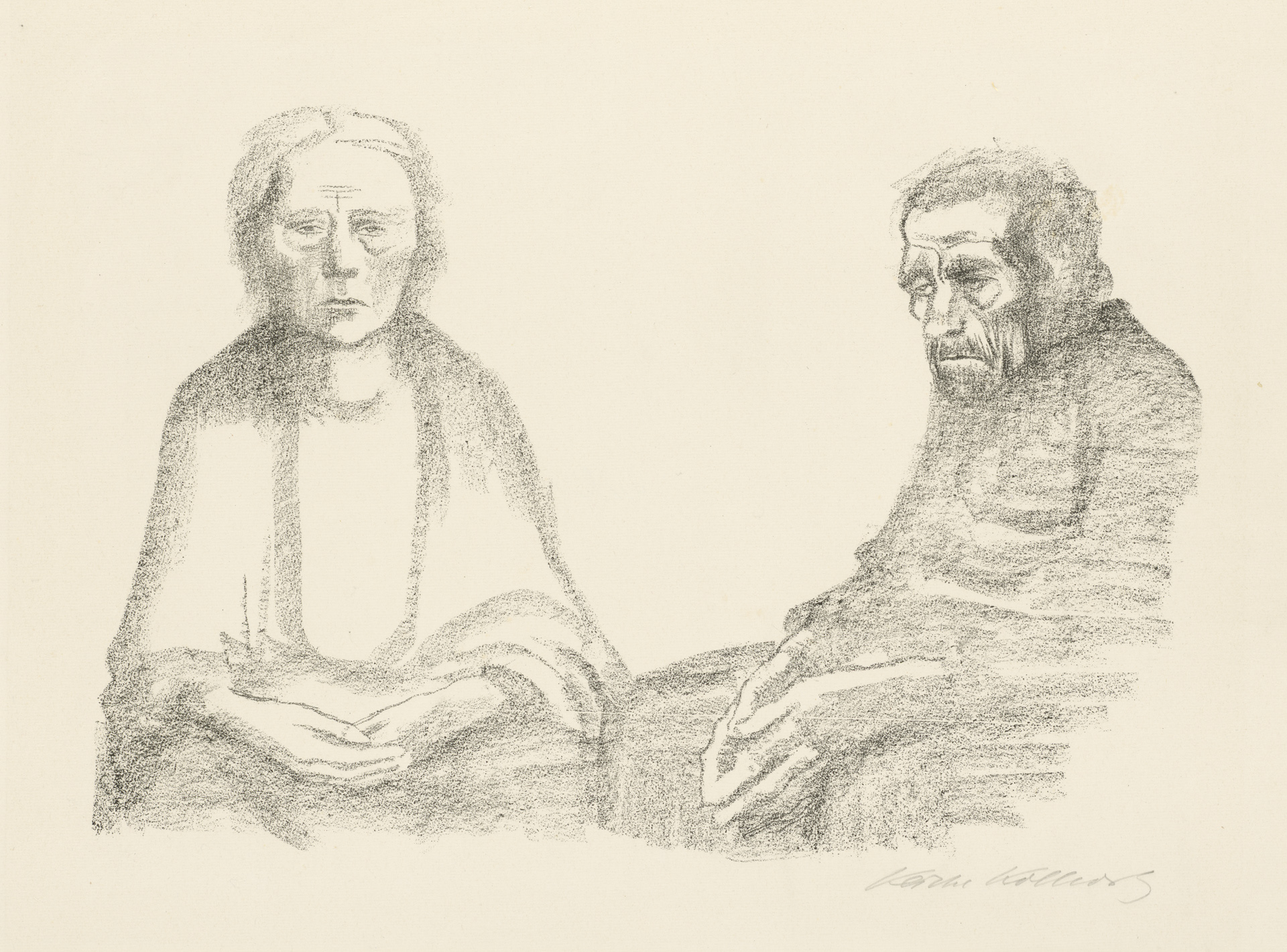 Käthe Kollwitz, Les Parents, deuxième version abandonnée de la planche 3 de la série »Guerre«, 1919, lithographie au crayon (report), Kn 142 a, Collection Kollwitz de Cologne © Käthe Kollwitz Museum Köln