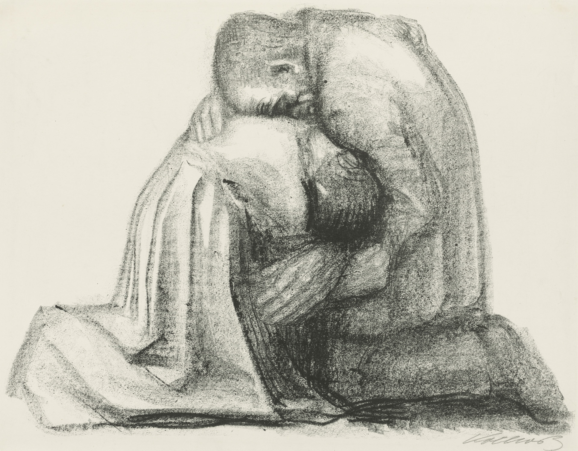 Käthe Kollwitz, Les Parents, troisième version abandonnée de la planche 3 de la série »Guerre«, 1920, lithographie au crayon (report), Kn 149, Collection Kollwitz de Cologne © Käthe Kollwitz Museum Köln