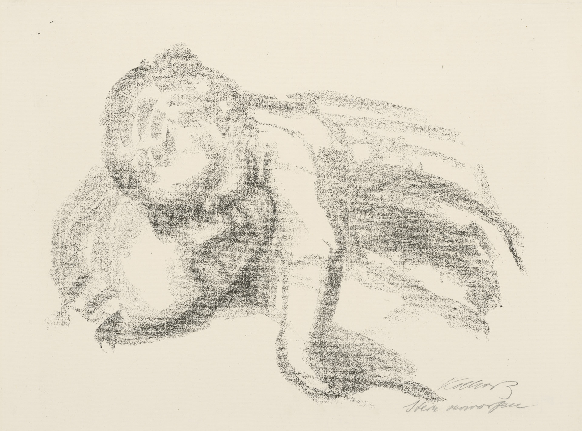 Käthe Kollwitz, Die Witwe II, verworfene zweite Fassung von Blatt 5 der Folge »Krieg«, 1920, Kreidelithographie (Umdruck), Kn 154