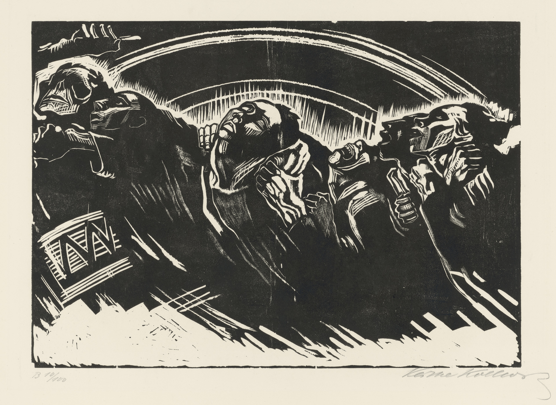 Käthe Kollwitz, Die Freiwilligen, Bl. 2 der Folge »Krieg«, 1921/1922, Holzschnitt, Kn 173 IV c