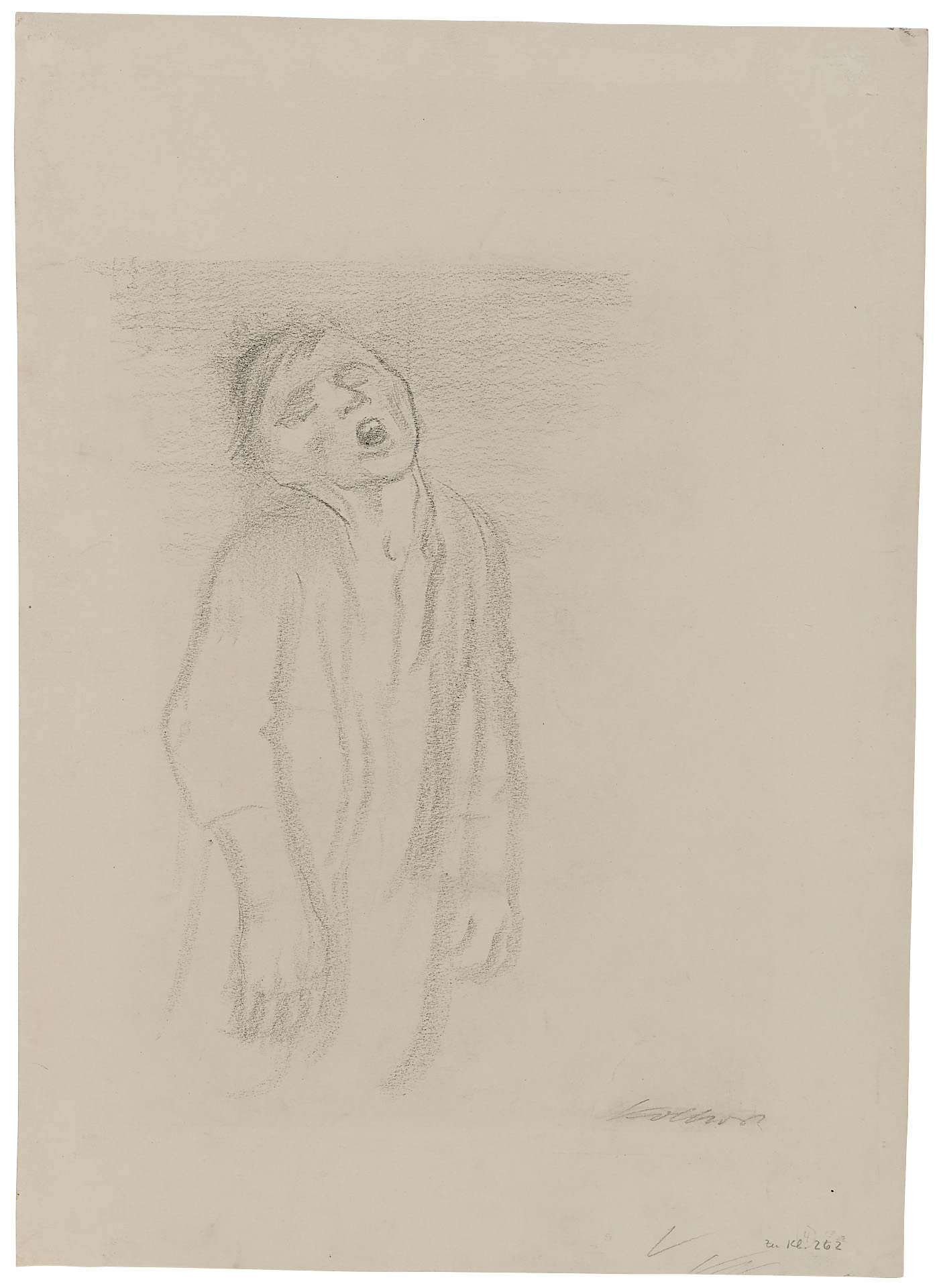 Käthe Kollwitz, Ertrinkender Mann, 1934, Kohle auf dickem, chamoisfarbenem Papier, NT 1258