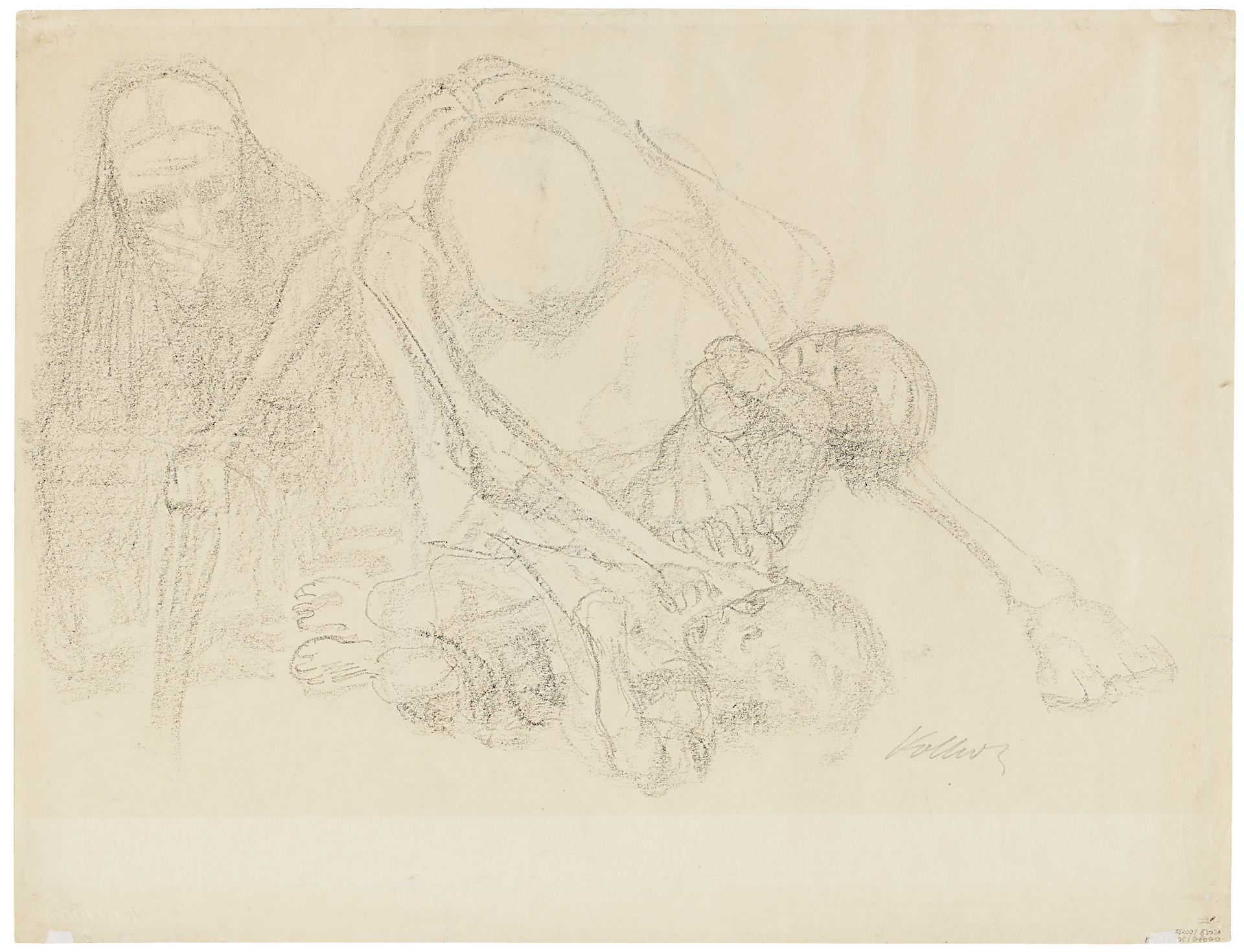 Käthe Kollwitz, Der Tod greift in eine Kinderschar, 1920, Schwarze Kreide auf dickem, chamoisfarbenem Papier, NT 860