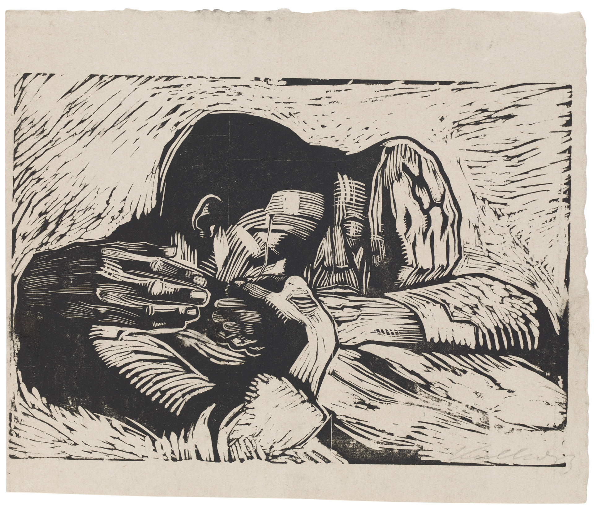 Käthe Kollwitz, Two dead Persons, 1920, woodcut, Kn 158 IV, Cologne Kollwitz Collection © Käthe Kollwitz Museum Köln