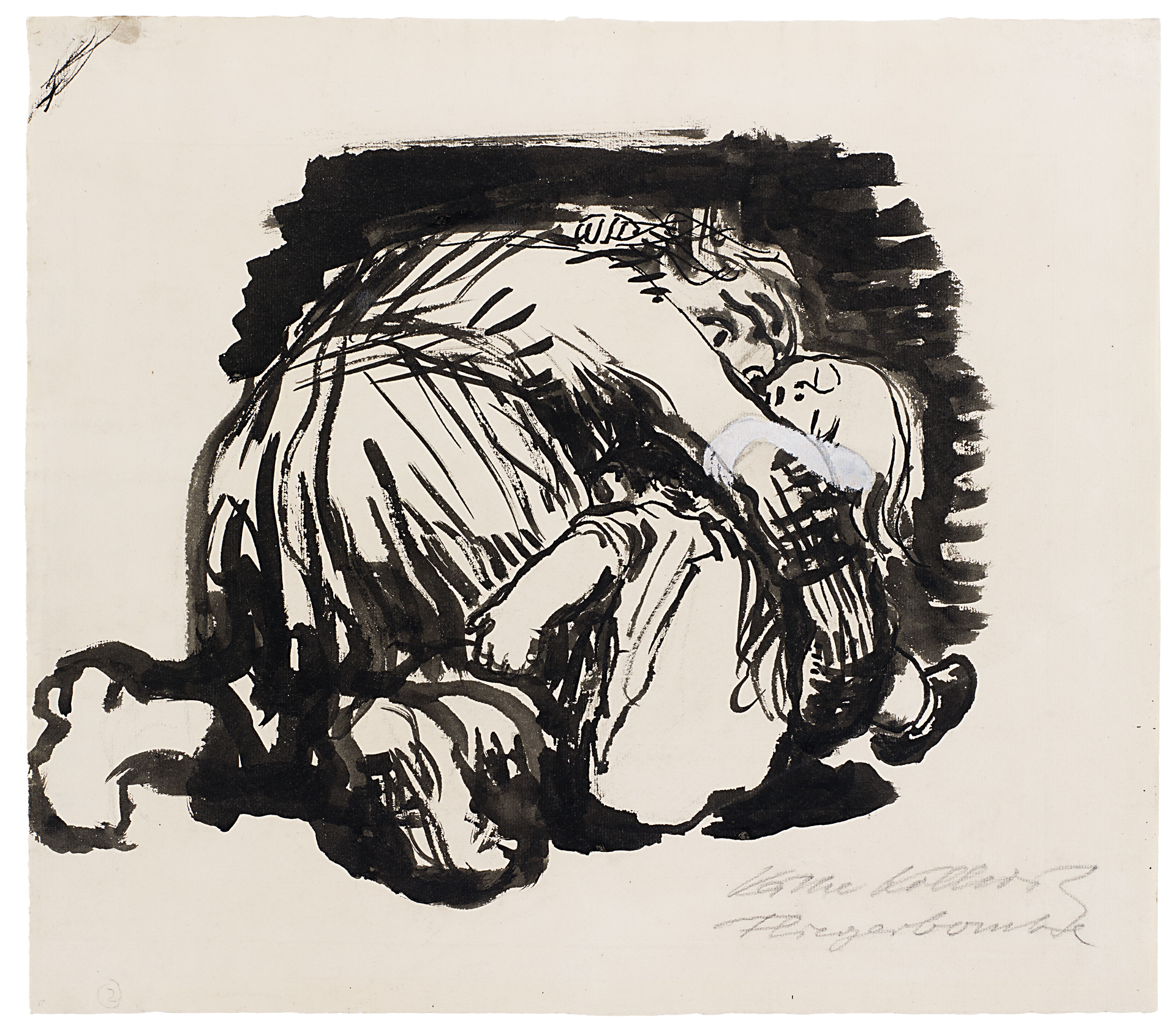 Käthe Kollwitz, Mère protégeant ses enfants menacés, 1922/1923, pinceau et encre noire, NT 960, Collection Kollwitz de Cologne © Käthe Kollwitz Museum Köln