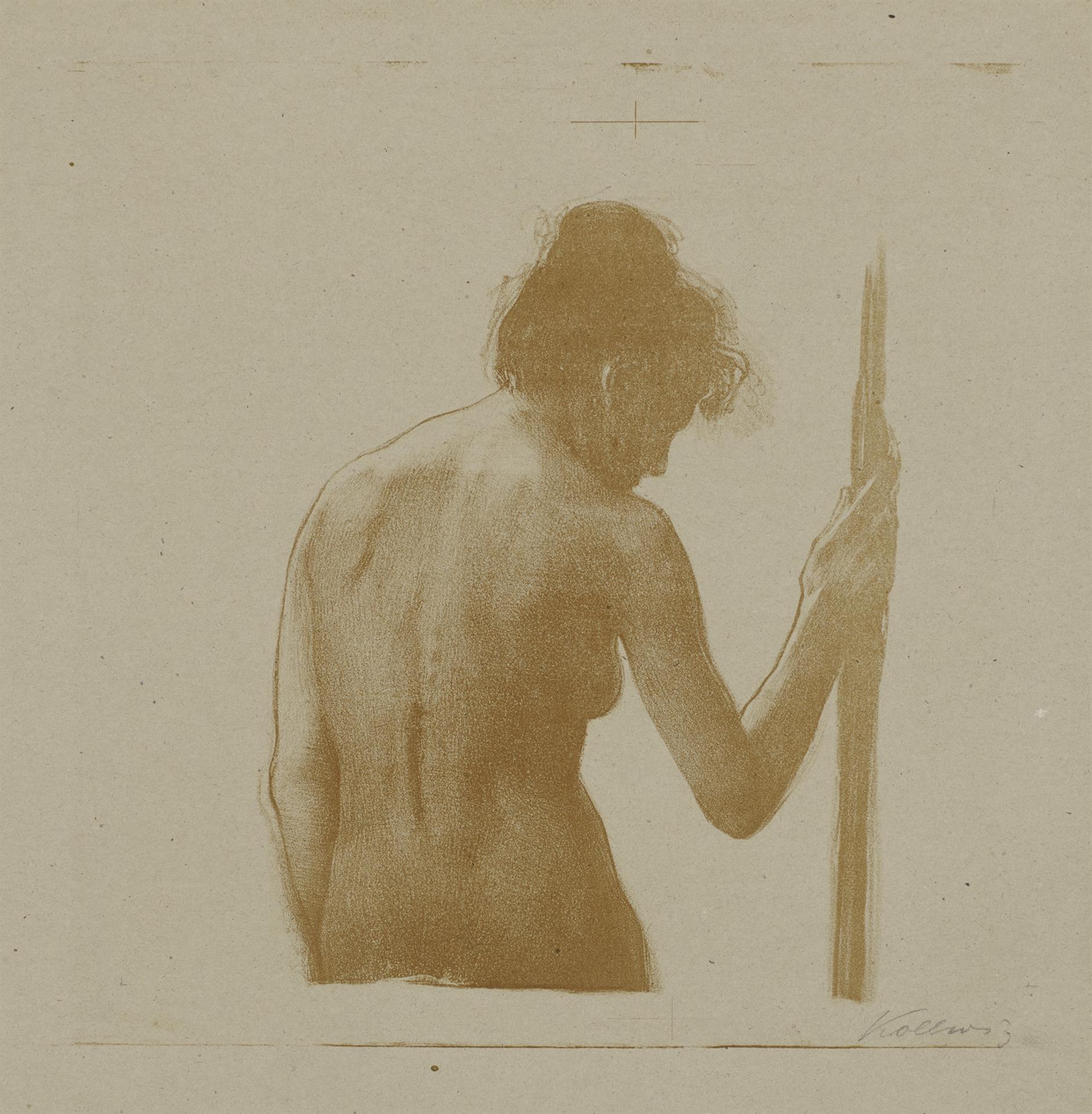 Käthe Kollwitz, Female Nude, Half-figure, with Pole, 1901?, lithograph from aluminium plates, with scratch technique in the drawing plate, reddish brown on thin Bristol cardboard, Kn 58b, Cologne Kollwitz Collection © Käthe Kollwitz Museum Köln