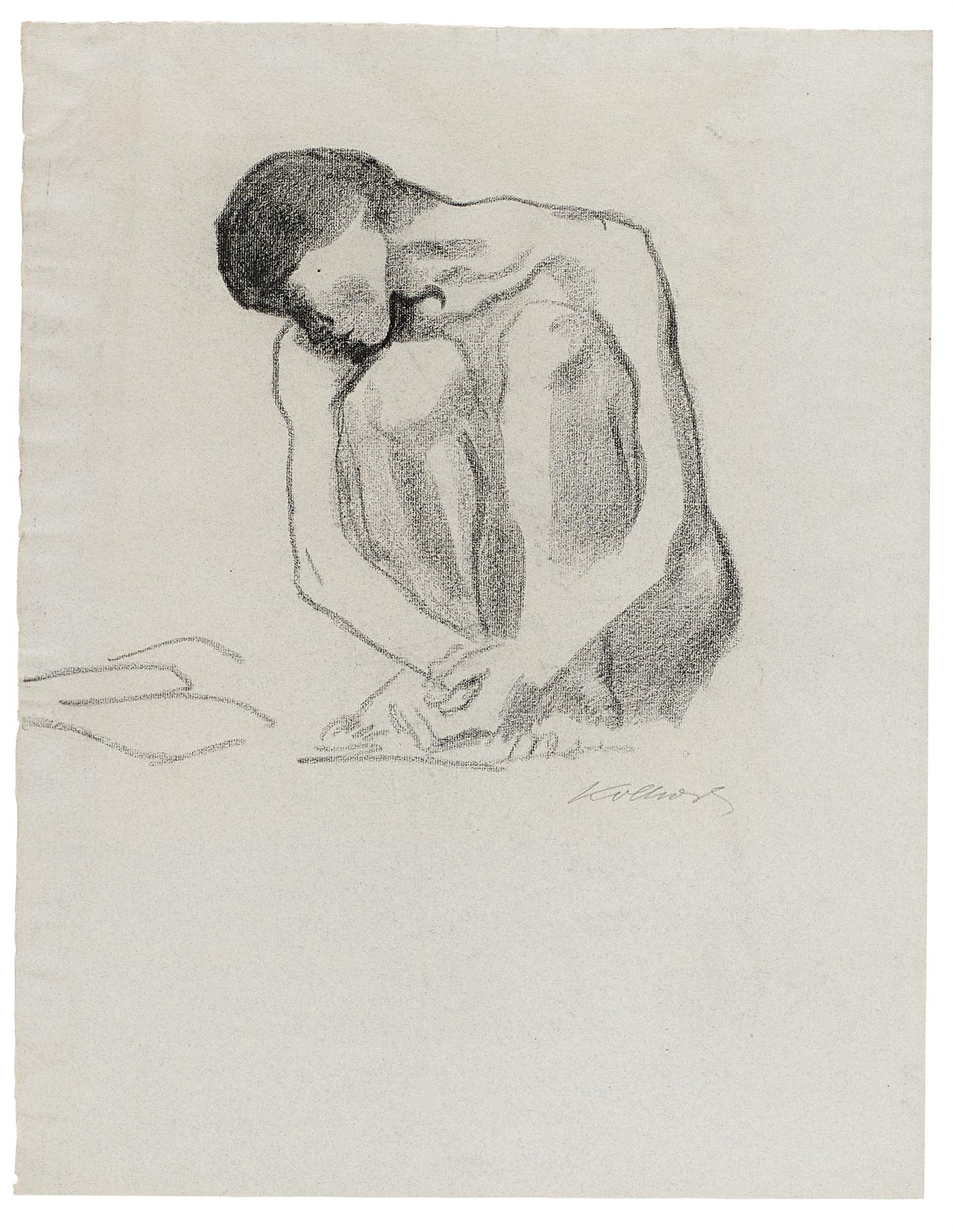 Käthe Kollwitz, Weiblicher Akt, um 1904, Kohle auf blaugrauem Bütten, NT 318