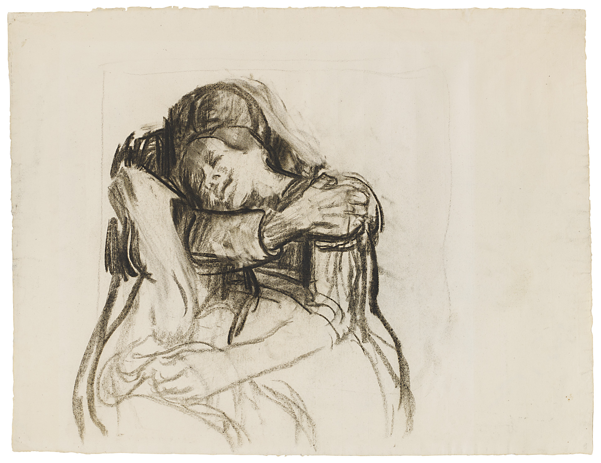 Käthe Kollwitz, Enlacés, vers 1909/10, fusain avec des traces d’estompe sur papier vergé jaunâtres, NT (559a), Collection Kollwitz de Cologne © Käthe Kollwitz Museum Köln