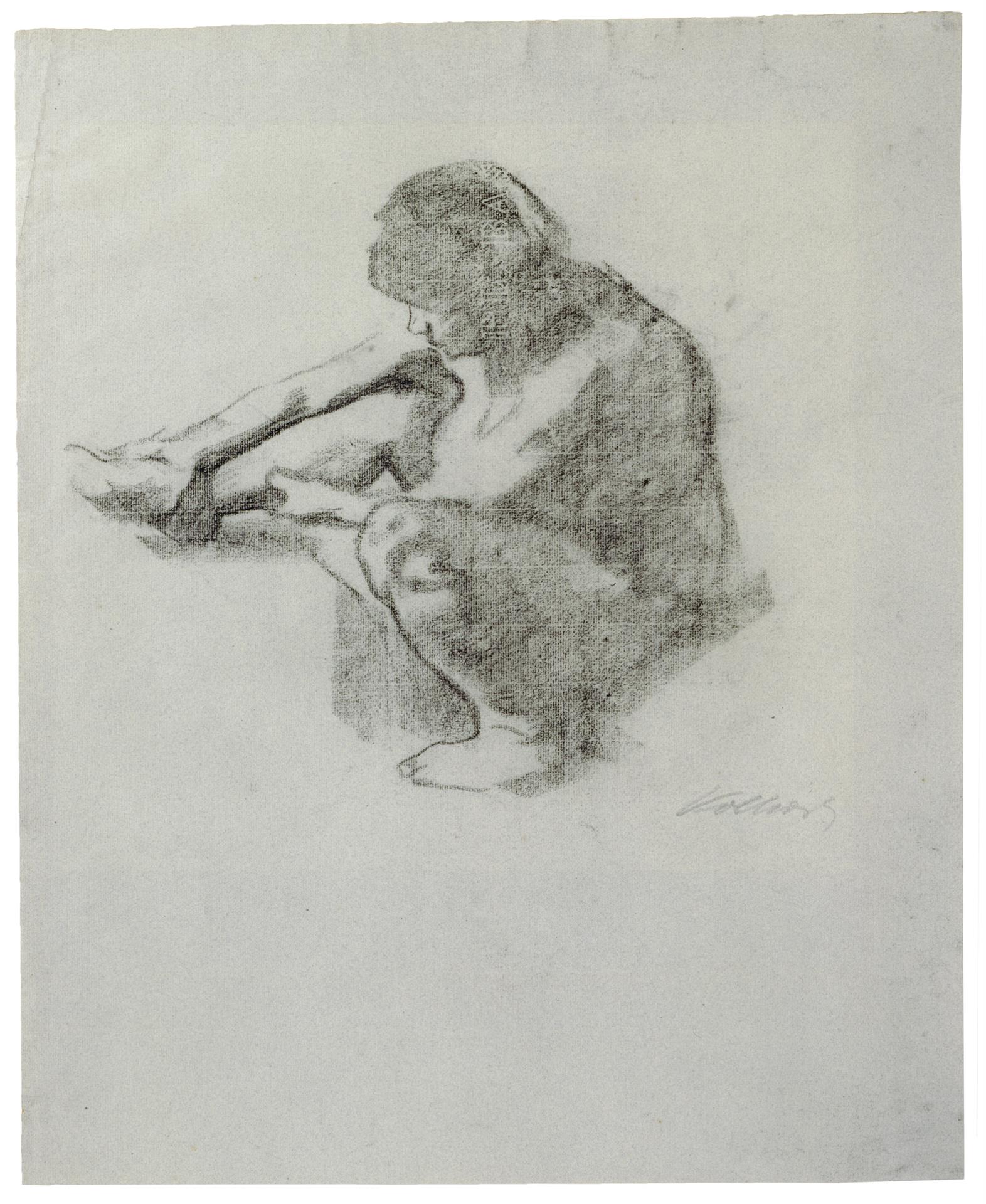 Käthe Kollwitz, Sitzende Frau im Profil nach links, 1912, Kohle auf blaugrauem Ingres-Bütten, NT 683