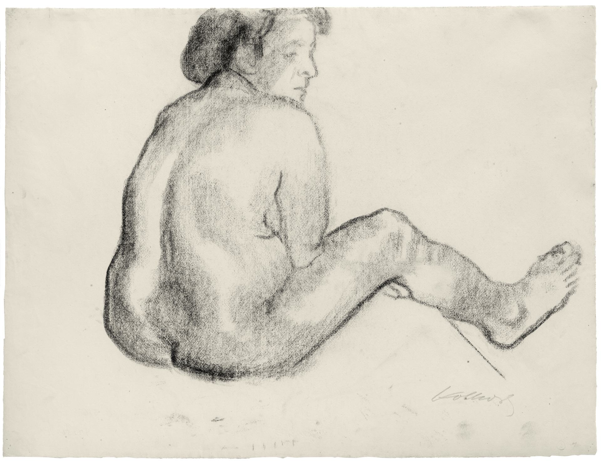 Käthe Kollwitz, Sitzender weiblicher Rückenakt nach rechts, 1910-12, schwarze Kreide auf gelblichem Ingres-Bütten, NT 673