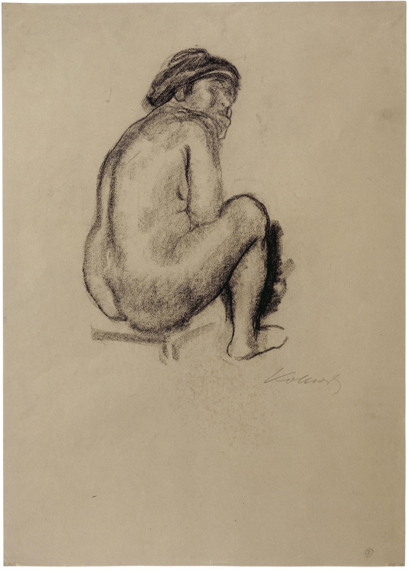 Käthe Kollwitz, Nu féminin assis de dos tourné vers la droite, vers 1910-1912, fusain sur papier brun, NT 674, Collection Kollwitz de Cologne © Käthe Kollwitz Museum Köln