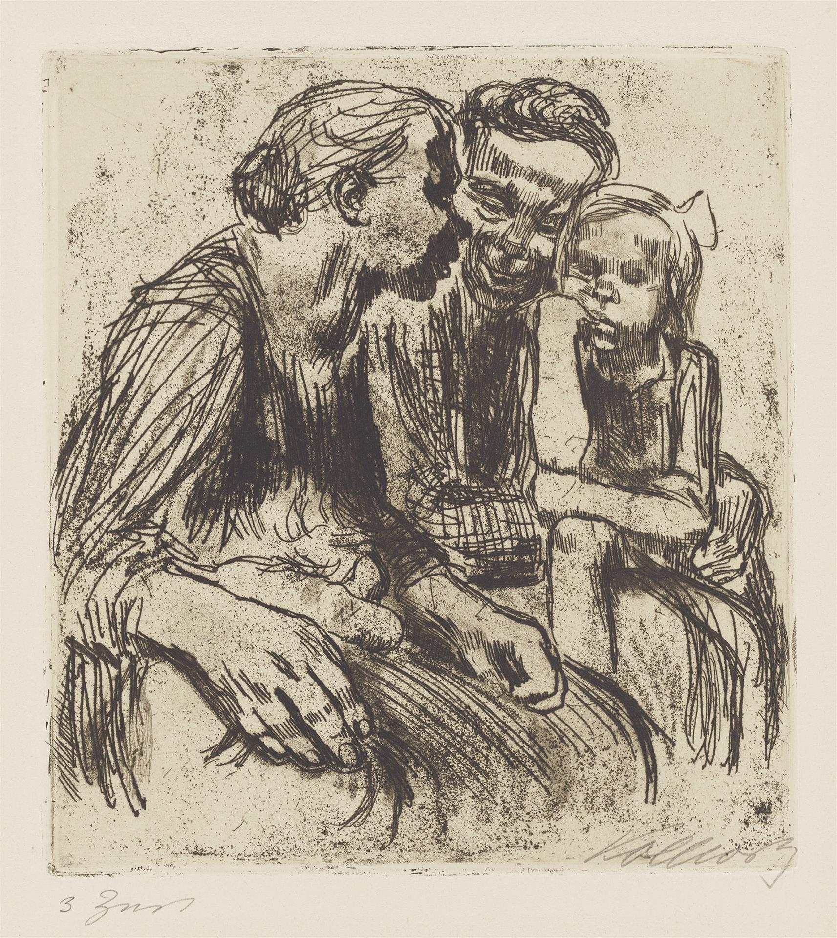 Käthe Kollwitz, Deux femmes bavardant avec deux enfants, version abandonnée, 1928, eau-forte, aquatinte et émeri, Kn 243 III, Collection Kollwitz de Cologne © Käthe Kollwitz Museum Köln