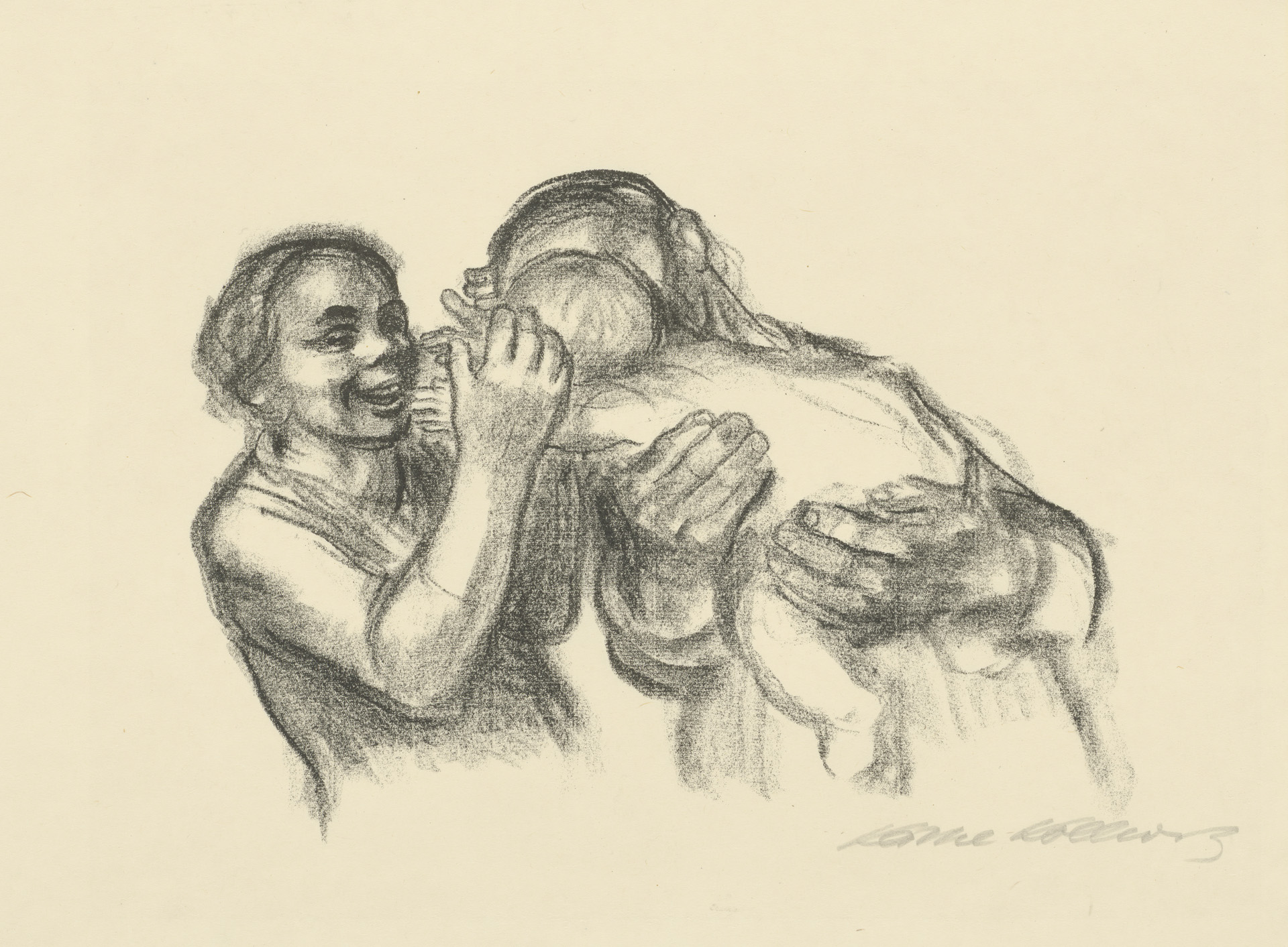 Käthe Kollwitz, Eltern mit Kind, Endgültige Fassung, 1931, Kreidelithographie (Umdruck von einer unbekannten Zeichnung auf geripptem Bütten), Kn 254 a