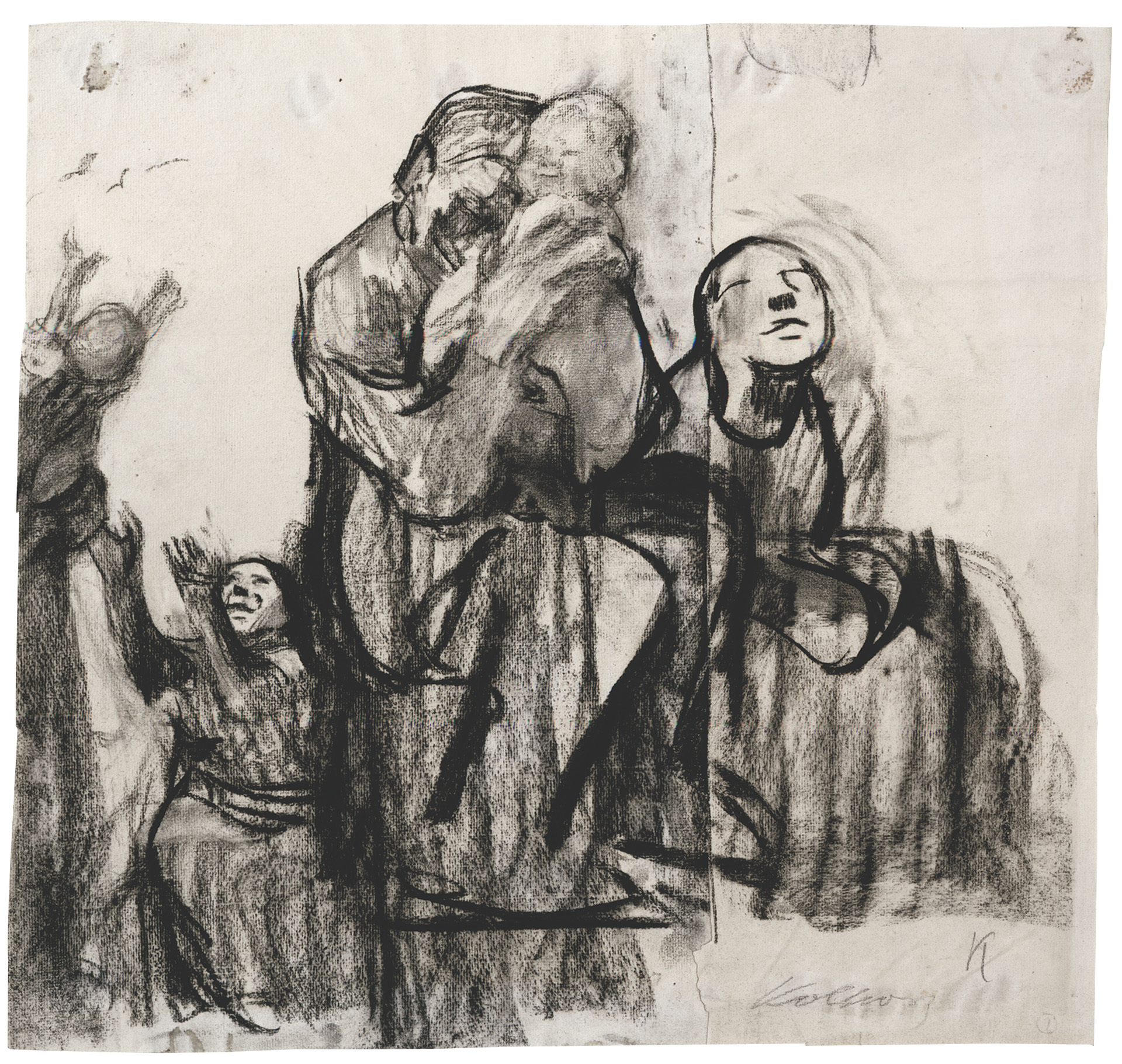 Käthe Kollwitz, Familiengruppe, um 1928, Kohle, gewischt, auf Ingres-Bütten, NT 1184