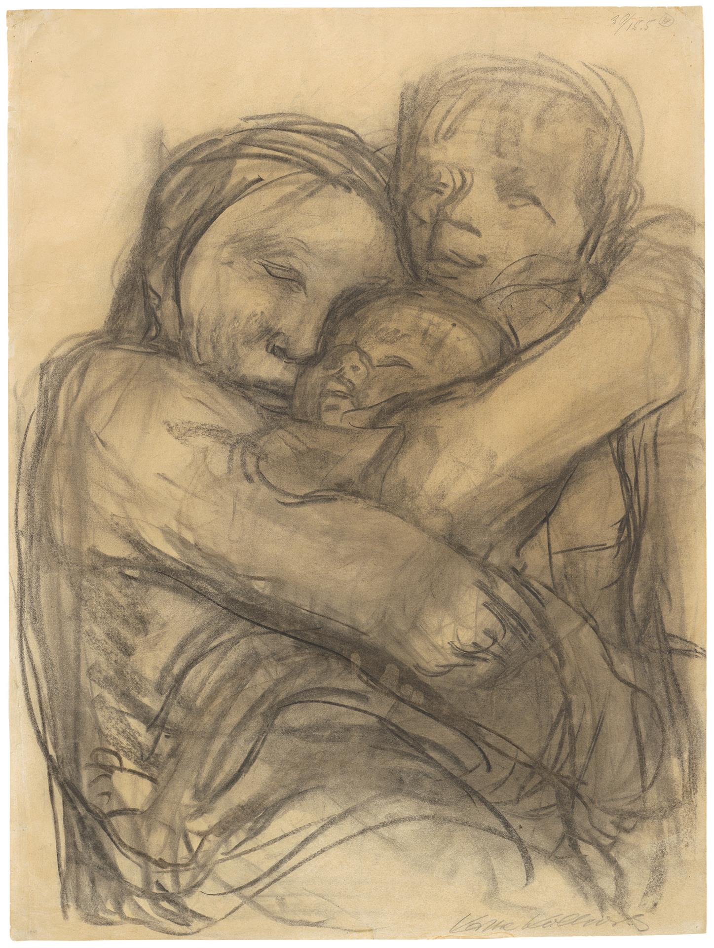 Käthe Kollwitz, Mère pressant deux enfants contre elle, 1932, fusain, NT 1232, Collection Kollwitz de Cologne © Käthe Kollwitz Museum Köln