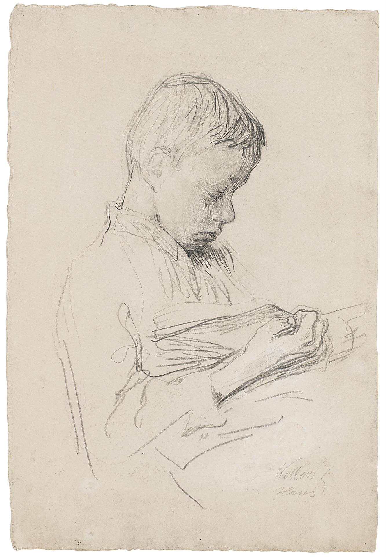 Käthe Kollwitz, Hans Kollwitz lesend, im Profil nach rechts, um 1903/1904, Bleistift, NT 267