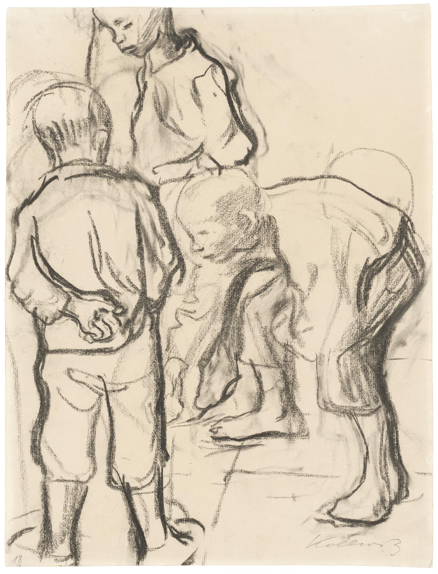 Käthe Kollwitz, Drei Knaben beim Murmelspiel, 1909/1910, Schwarze Kreide, NT 582