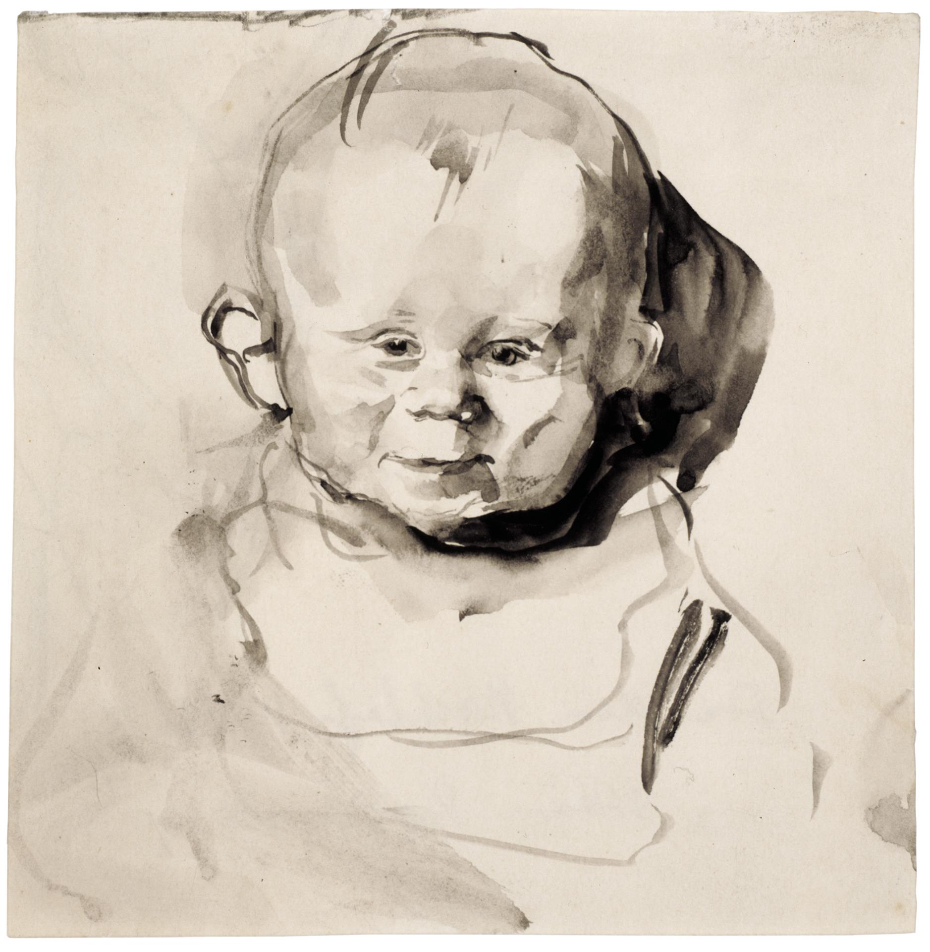 Käthe Kollwitz, Kinderkopf en face (Hans Kollwitz), 1893, Pinsel, in grauer Tusche laviert, NT 72