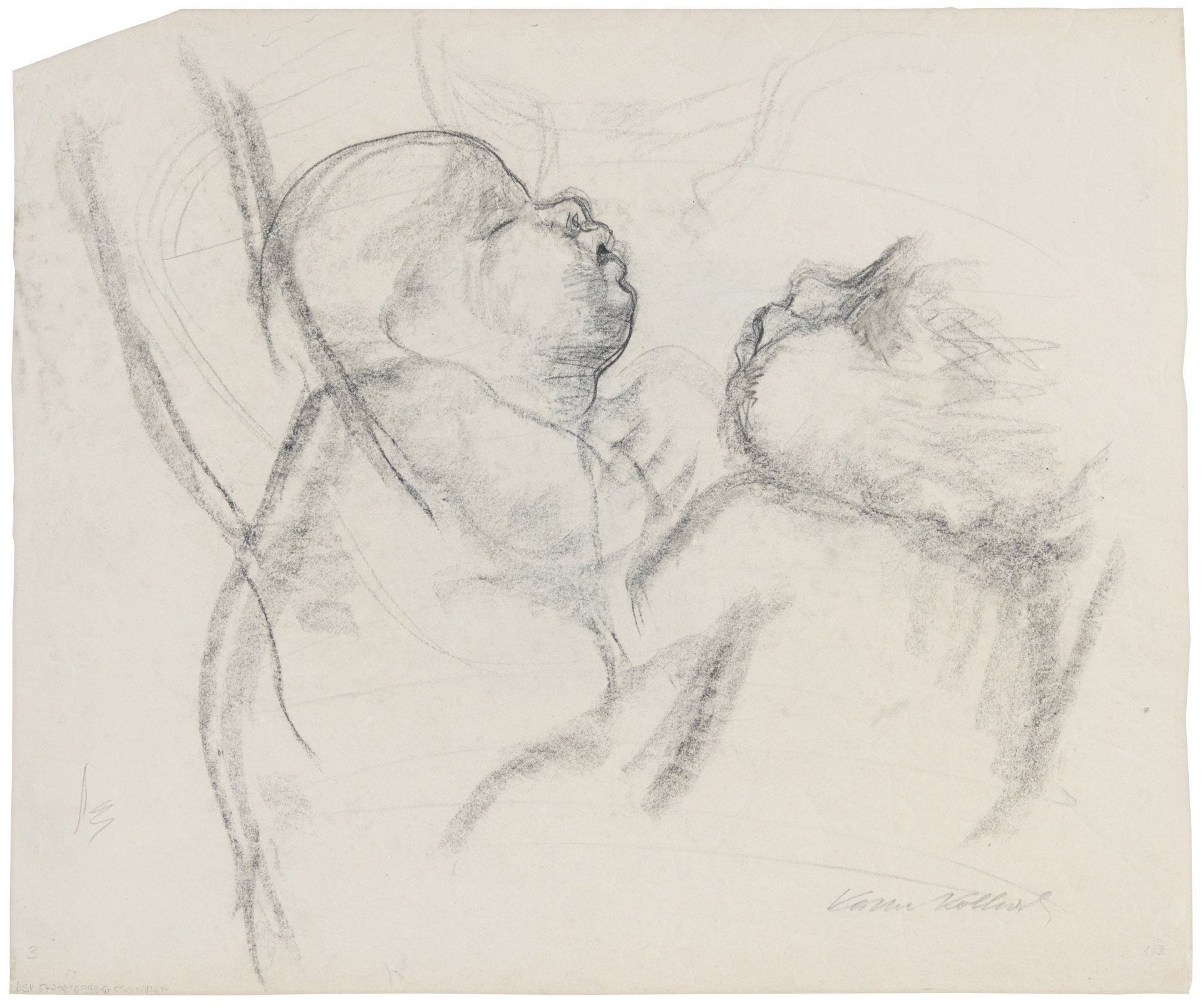 Käthe Kollwitz, Die Zwillinge, 1923, Schwarze Kreide auf chamoisfarbenem Papier, NT 999