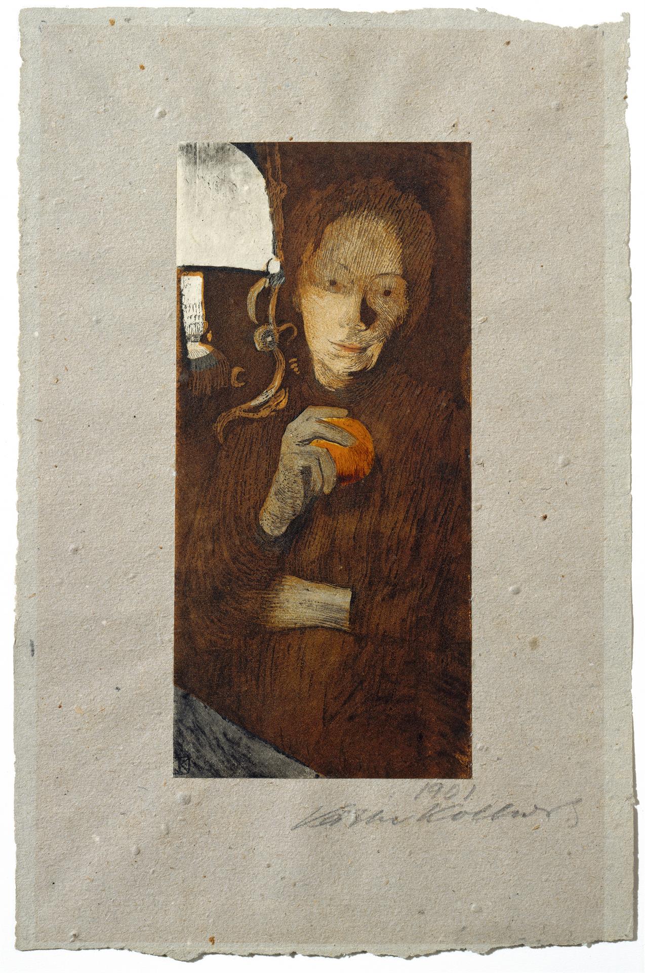 Käthe Kollwitz, Frau mit Orange, 1901, Pinsellithographie mit orange eingefärbtem Tonstein und Radierung (Aquatinta, Reservage und Kaltnadel) mit Kohle etwas überarbeitet, auf cremefarbenem Papier, aufgelegt auf graues, löschblattartiges Papier, Kn 56 II 2