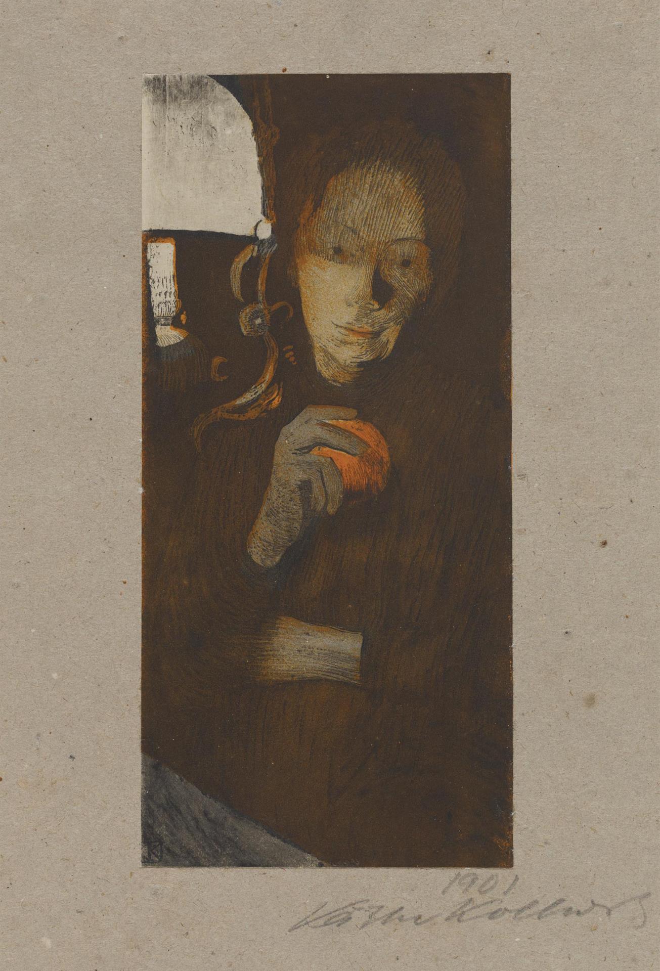 Käthe Kollwitz, Frau mit Orange, 1901, Pinsellithographie mit orange eingefärbtem Tonstein und Radierung (Aquatinta, Reservage und Kaltnadel) mit Kohle etwas überarbeitet, auf cremefarbenem Papier, aufgelegt auf graues, löschblattartiges Papier, Kn 56 II 2